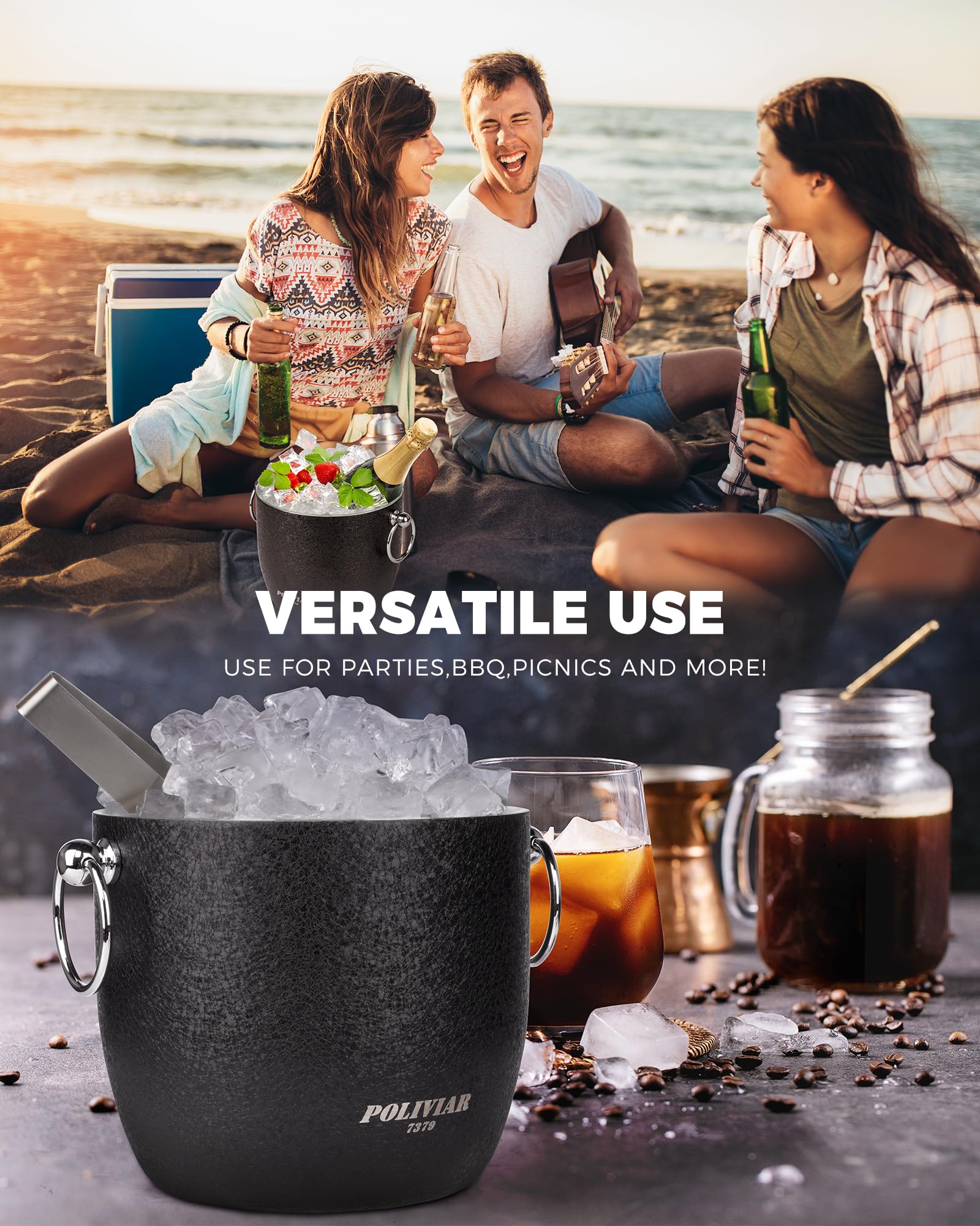 POLIVIAR 2.5L Stainless Steel Ice Bucket with Lid - Double Wall Insulated Cocktail Ice Bucket Set with Tong & Strainer - Perfect for Home Bars, Parties, Weddings & Outdoor Events