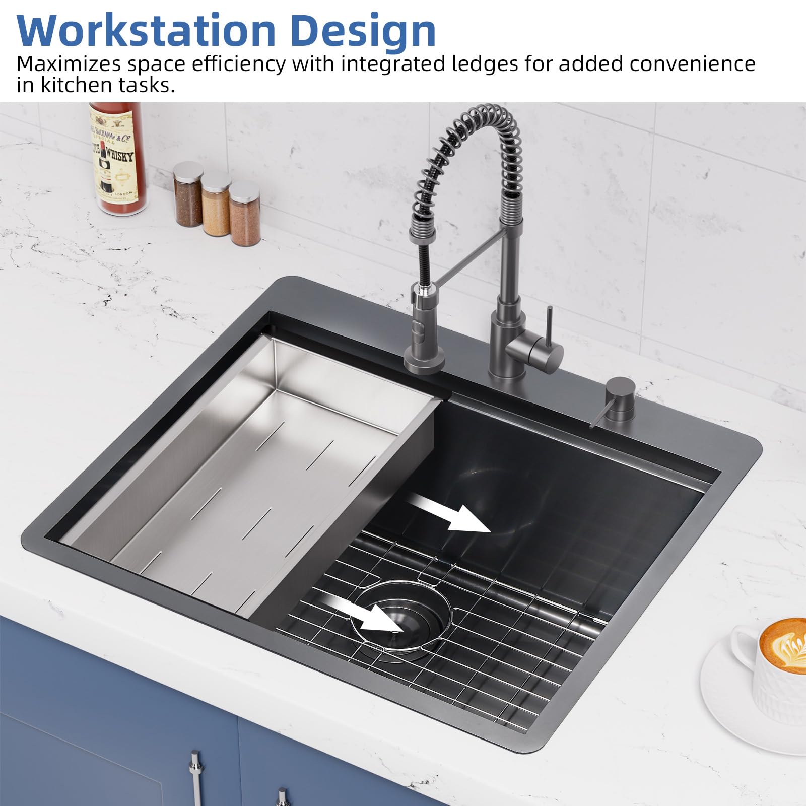 Davivy 25 x 22 x 10 Inch Black Stainless Steel Drop-in Kitchen Sink - 16 Gauge Gunmetal Finish, Single Bowl Topmount Workstation Sink for Modern Kitchens | Perfect for Meal Prep, Dishwashing & Small Space Cooking