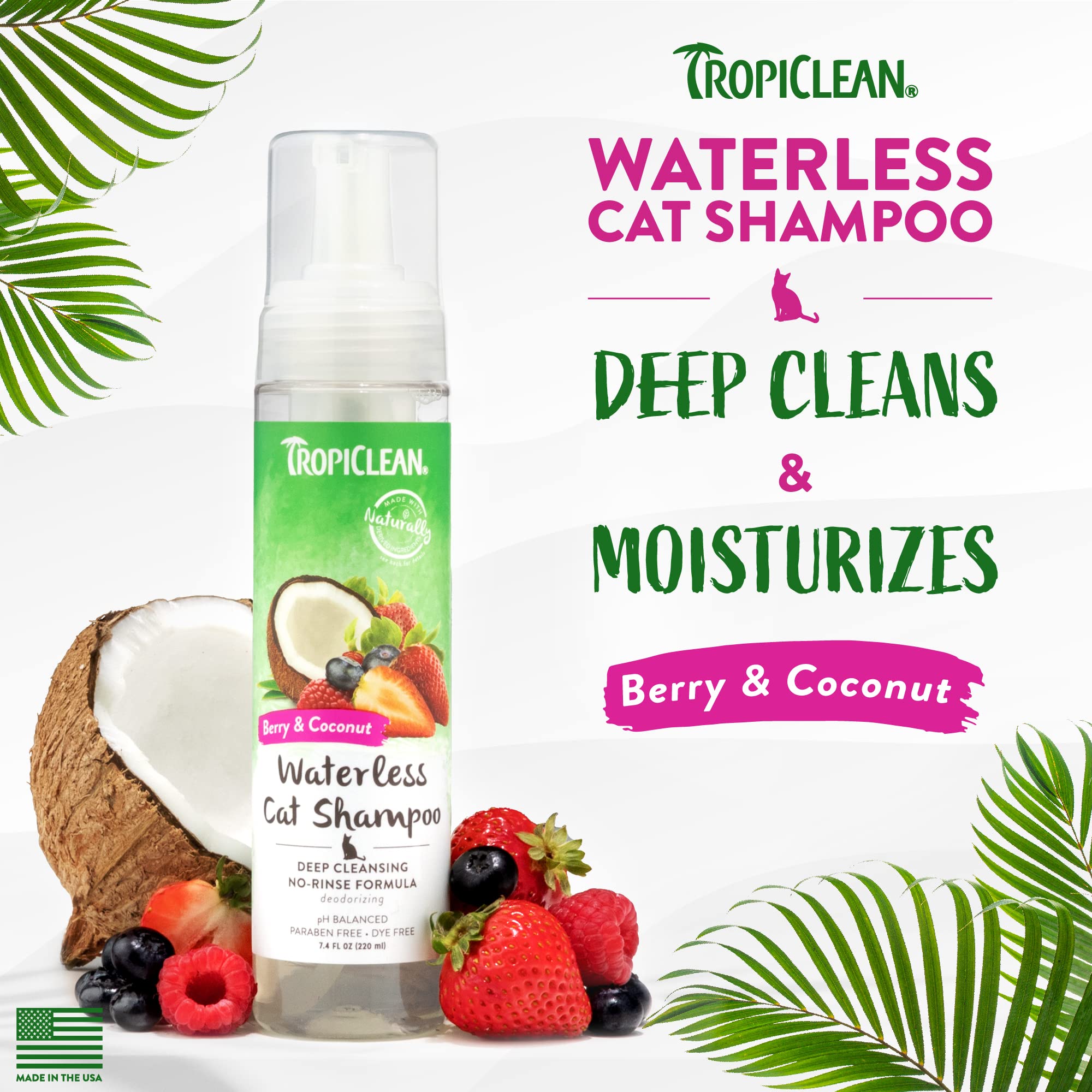 TropiClean Berry Coconut Waterless Cat Shampoo - Natural Dry Shampoo for Deep Cleansing | Made in USA | 7.4 oz | Gentle Formula with Coconut & Berry Extracts | Perfect for Quick Cleaning Between Baths & Travel Use