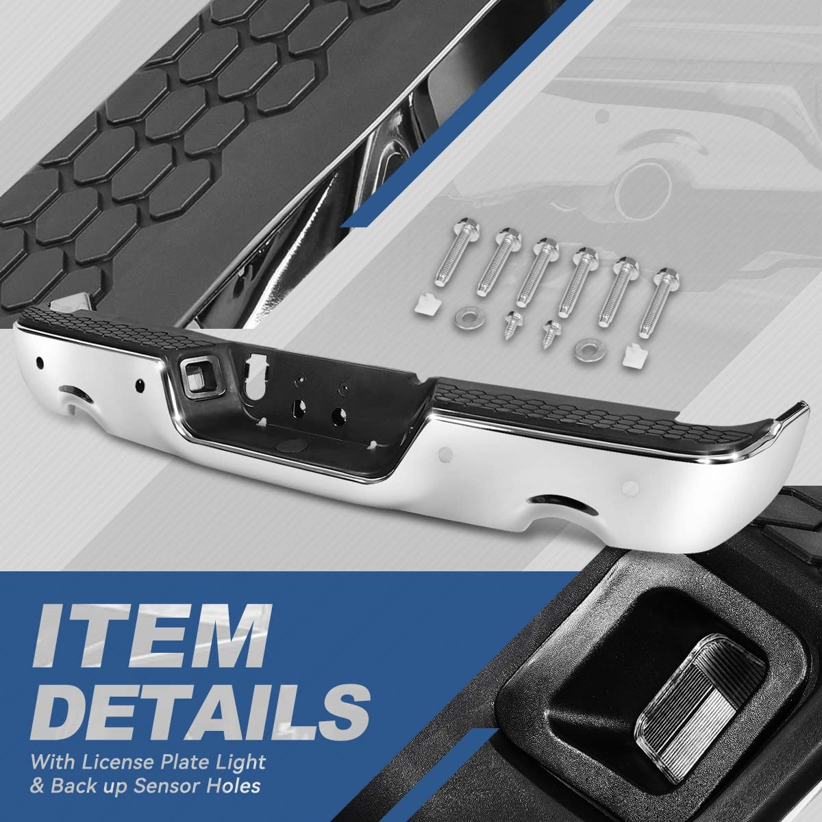 Auto Dynasty Rear Bumper Step Pad for 2009-2019 Dodge Ram 1500 - Chrome Protector Cover with License Plate Lights, Parking Sensor Holes & Dual Exhaust Cutouts (CH1103119) - Perfect for Truck Protection & Off-Road Adventures