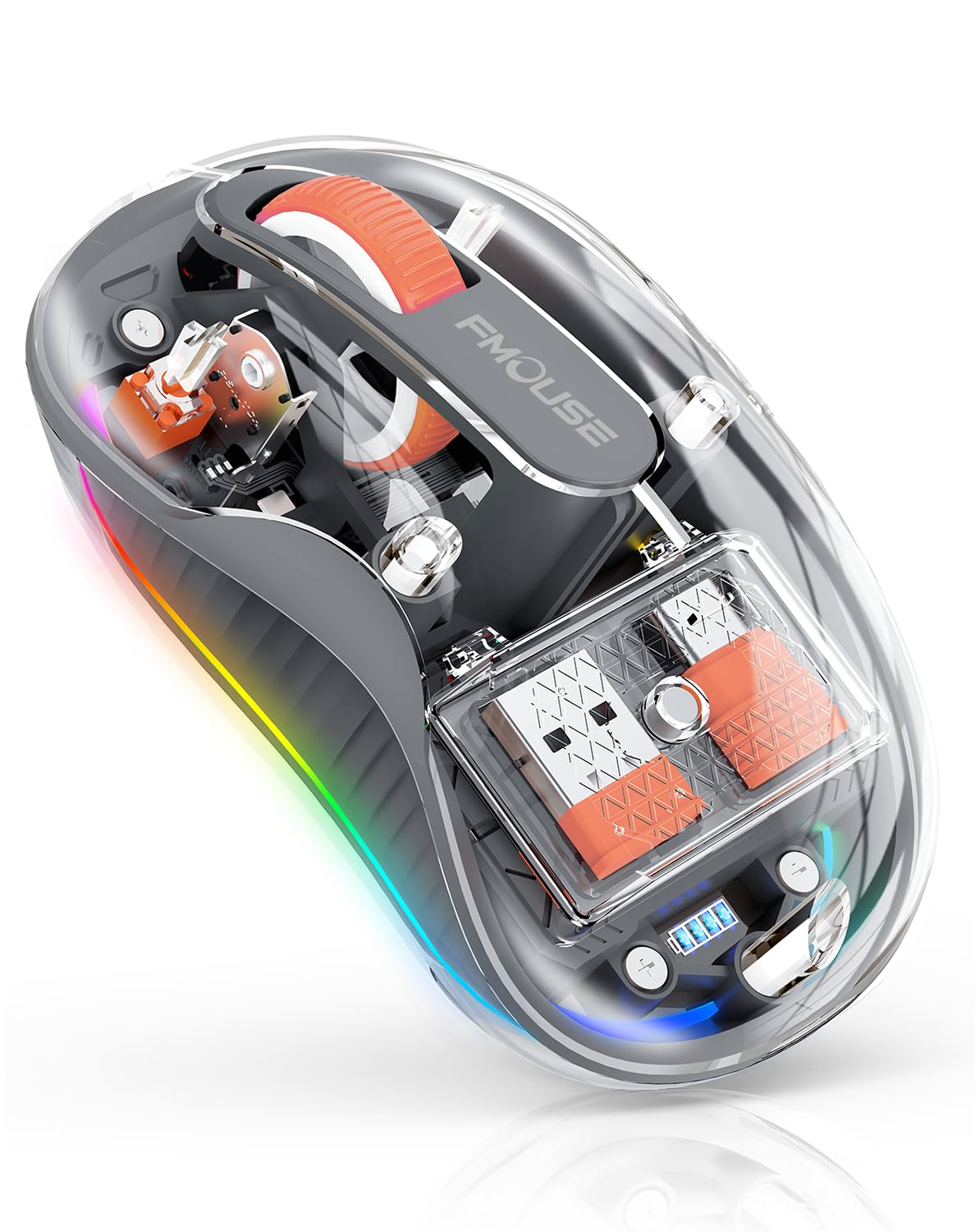 Creative Transparent Wireless Mouse - Dual Bluetooth & 2.4GHz for Multi-Device Connectivity, USB-C Receiver for MacBook/Laptops, Rechargeable Silent Mouse with Cool LED Lights | Ergonomic Design for Office, Home & Travel Use - Grey