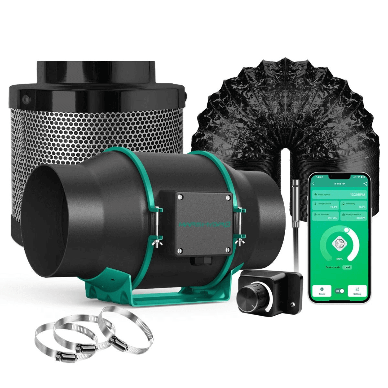 Mars Hydro iFresh 6 Smart Inline Duct Fan with Carbon Filter Combo - Quiet Ventilation System for Grow Tents, Hydroponics & Indoor Gardening