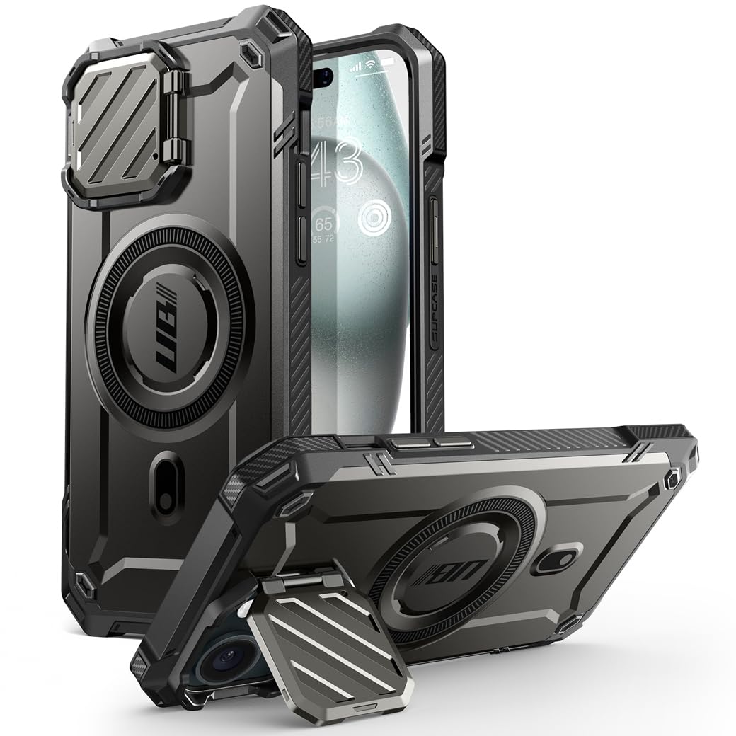 SUPCASE Unicorn Beetle Mag XT Heavy Duty Magnetic Phone Case with Stand & Built-in Camera Cover - Compatible with iPhone 16e/15/14/13 (Black) | Perfect for Work, Travel & Outdoor Adventures