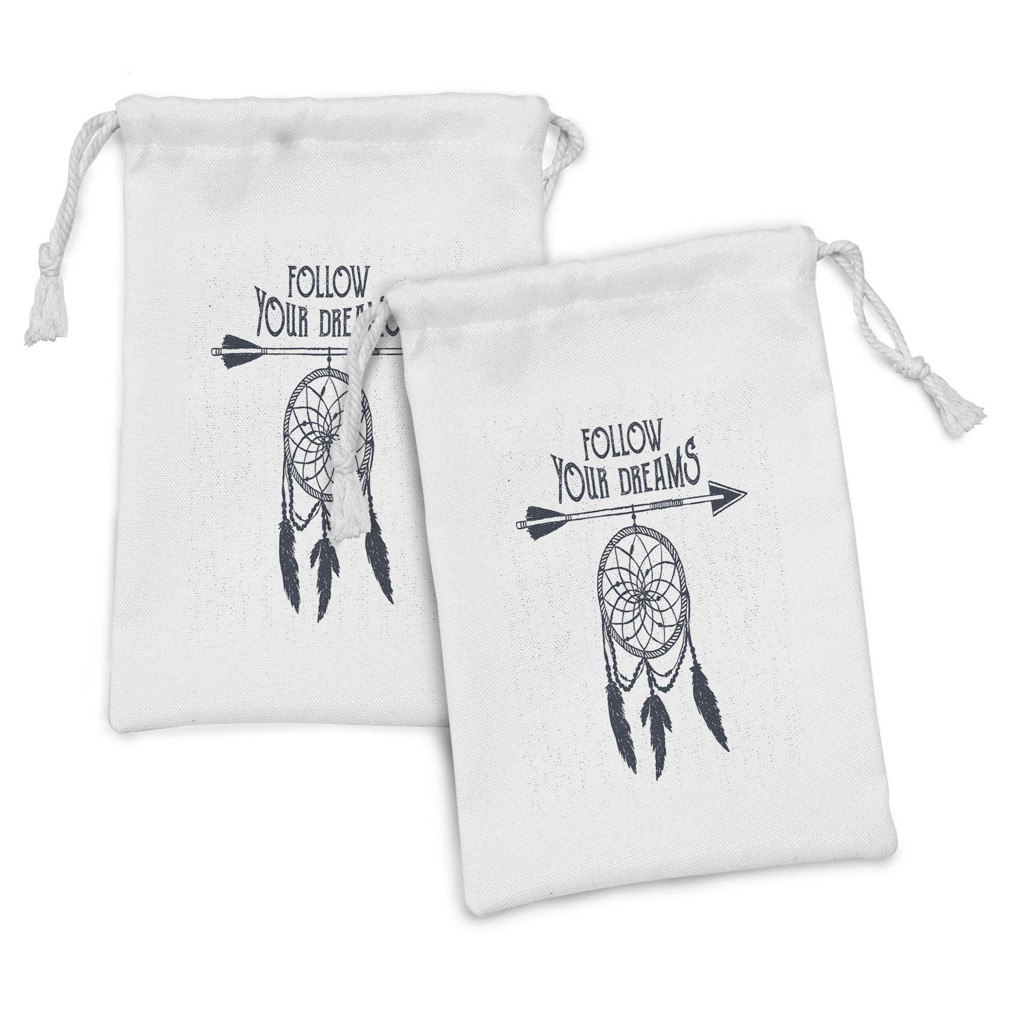 Ambesonne Follow Your Dreams Fabric Pouch Set of 2 - Calligraphy Direction Pointer & Dreamcatcher Design - Small Drawstring Bags for Toiletries, Masks, Party Favors (9