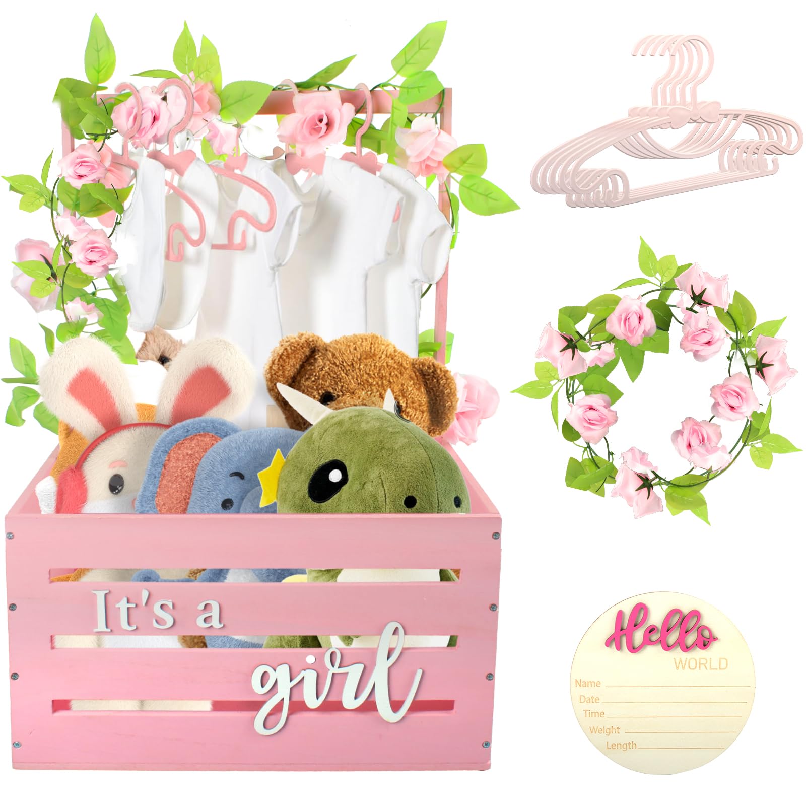 Pink Wooden Baby Shower Crate with Handle - Nursery Storage Organizer for Diapers, Toys & Baby Essentials | Perfect for Baby Showers, Gender Reveals & Nursery Decor
