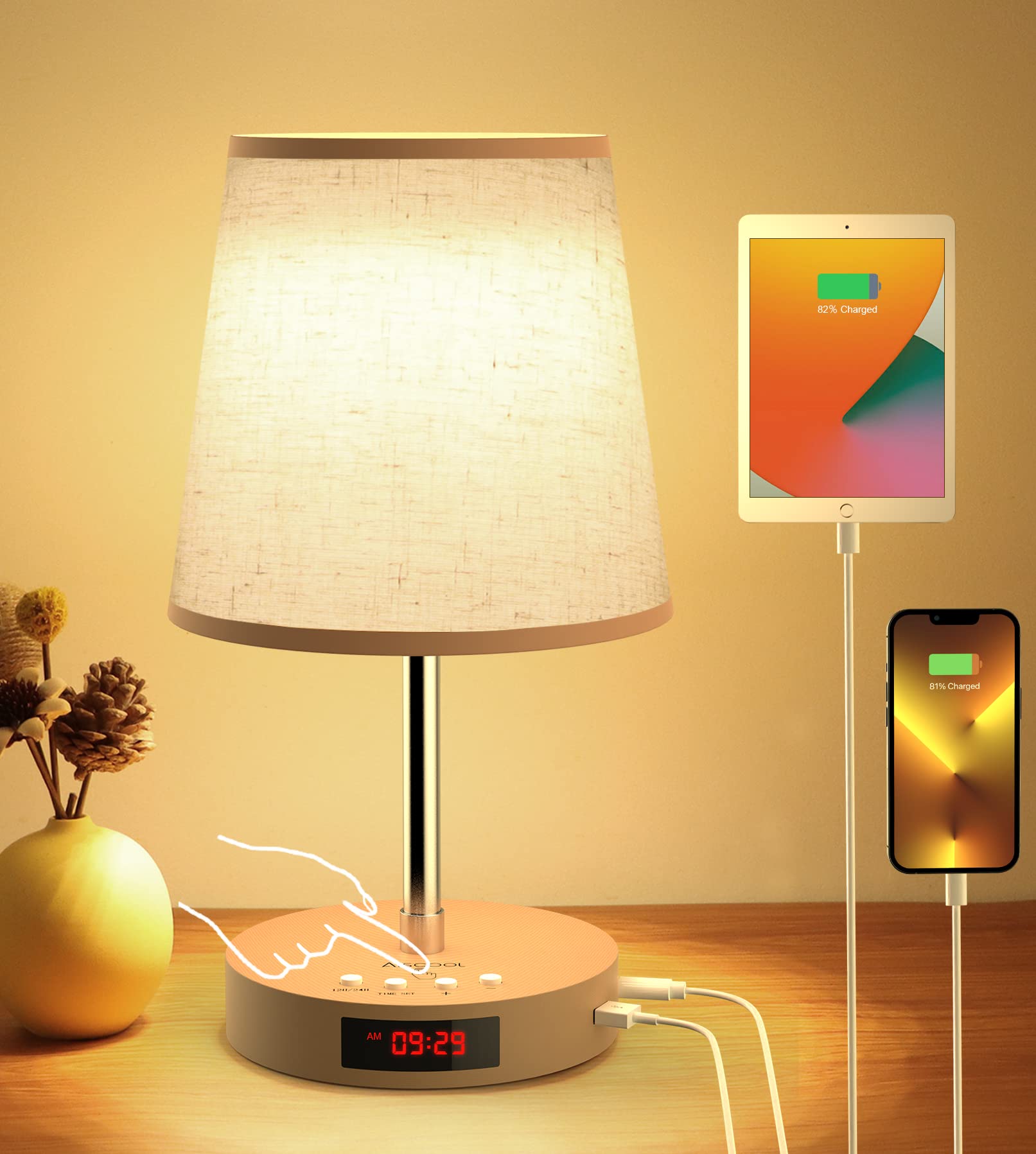 Modern LED Table Lamp with Clock, Dimmable Touch Bedside Lamp, USB Type-C Ports, Height Adjustable, No Assembly Required - Perfect for Bedroom, Living Room, and Home Office