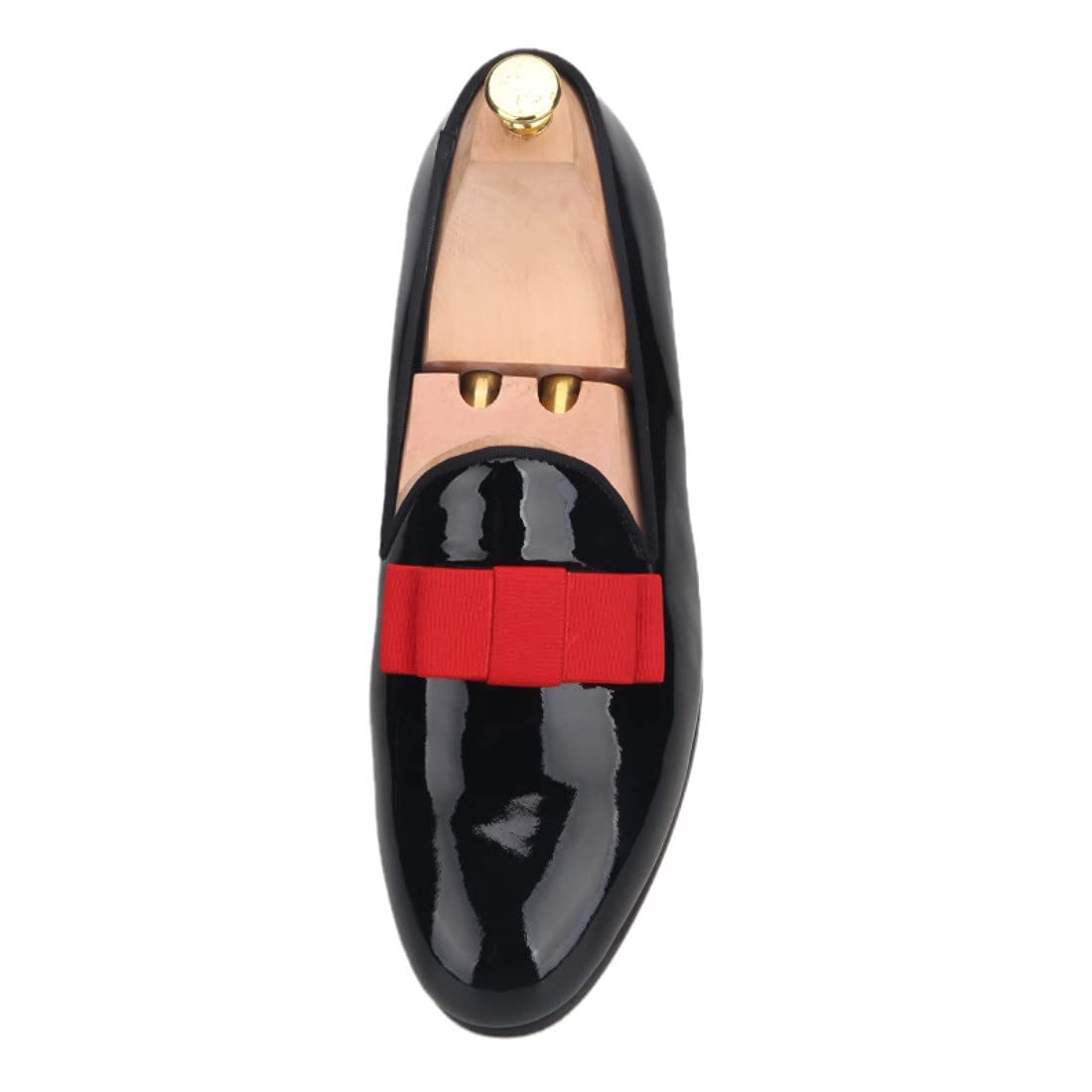 FERUCCI Men's Black Patent Leather Loafers with Red Bow - Formal Dress Shoes for Prom, Wedding & Special Occasions