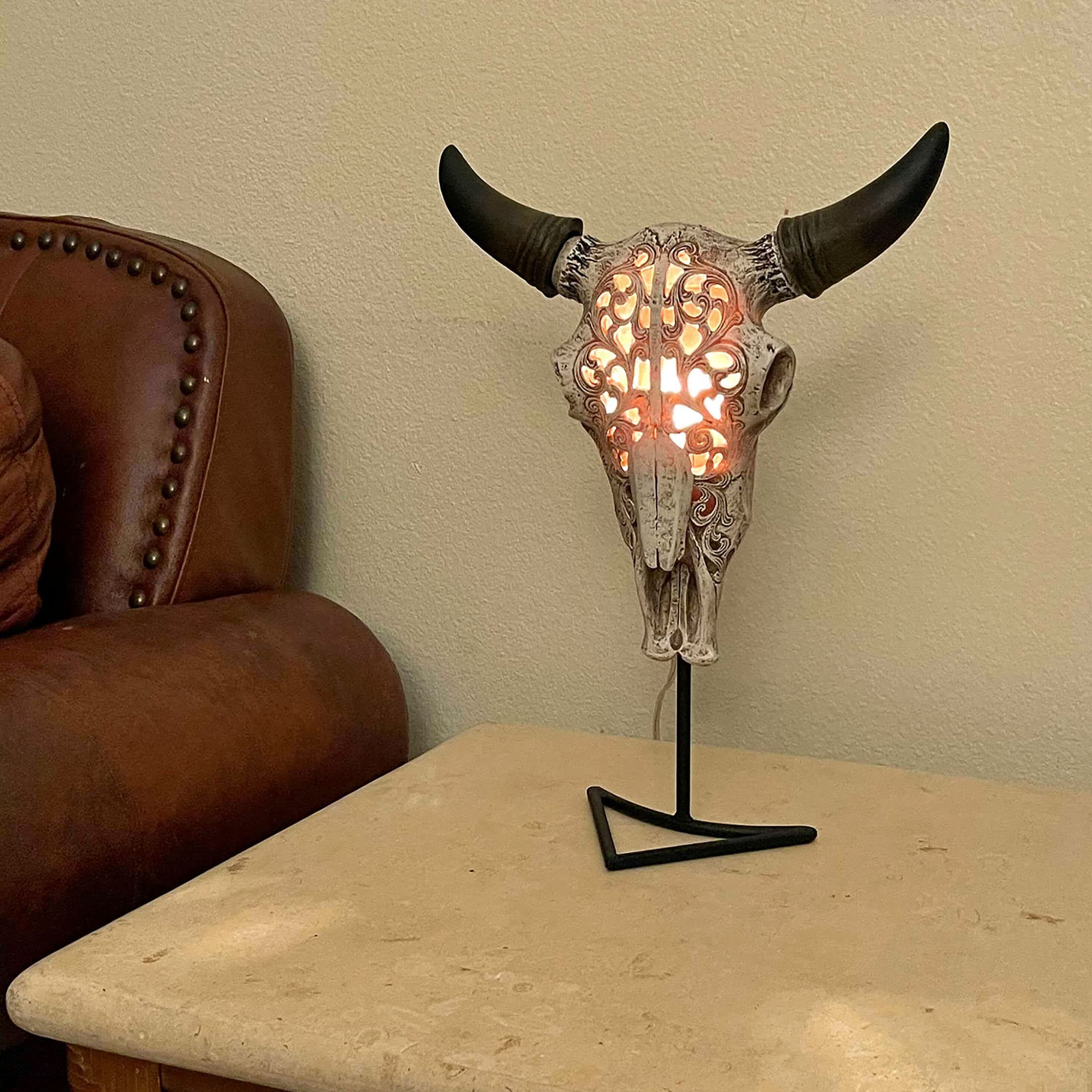 Zeckos Southwestern Style Steer Skull Resin Wall Sconce & Table Lamp with Removable Metal Stand & LED Bulb - Western Home Decor, Cowboy Theme Lighting for Living Room, Bedroom, or Bar (11.5 Inches High)