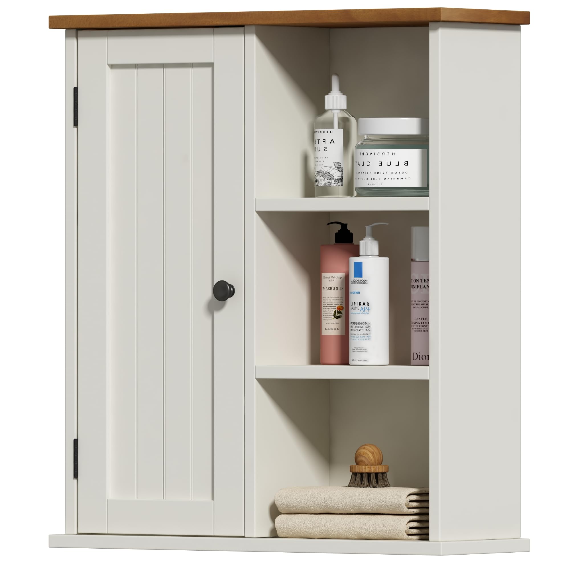 Treocho Wall Mounted Bathroom Cabinet with Door & 3 Open Shelves - Medicine Storage Organizer for Bathroom, Kitchen, Living Room & Farmhouse Decor | Perfect for Small Space Organization & Rustic Home Decor