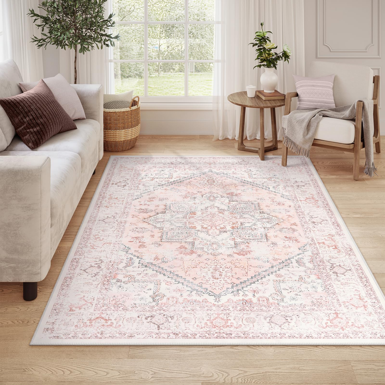 LIVEBOX Large 6x9 Vintage Washable Area Rug - Soft Boho Anti-Skid Low-Pile Stain Resistant Floral Carpet for Living Room, Bedroom, Office | Retro Tribal Pink Rug Perfect for Girls Room, Dining Area & Home Decor