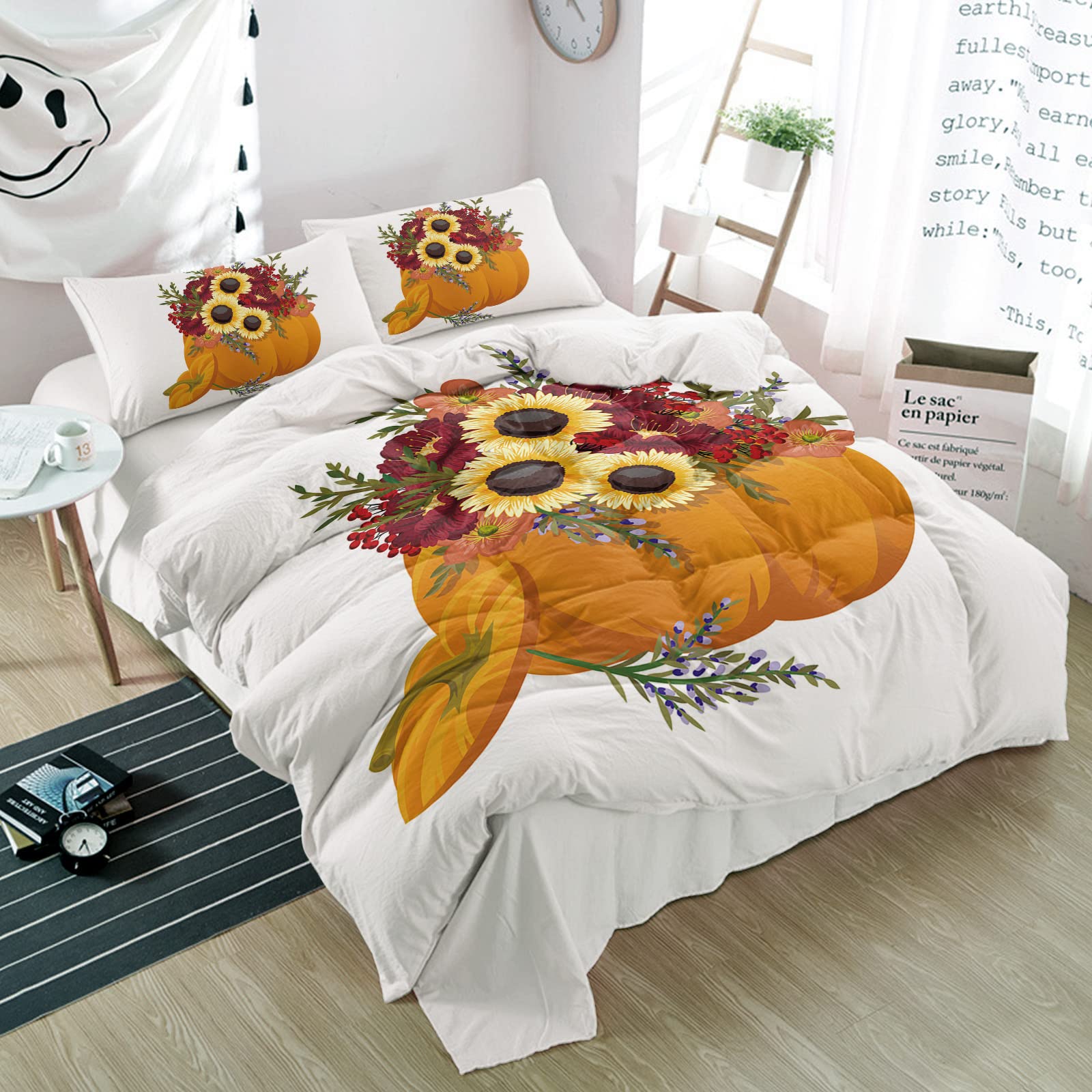 3-Piece Twin Duvet Cover Set - Soft Luxury Sunflower & Pumpkin Print Comforter Cover with 2 Pillow Shams - Thanksgiving Floral Bedding for Cozy Bedroom Decor | Perfect for Guest Rooms, Dorms & Seasonal Home Styling