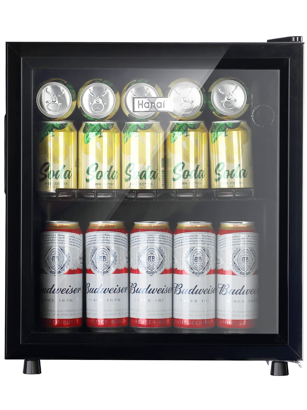 50 Can Mini Beverage Fridge with Glass Door - 1.6 Cu.Ft Compact Cooler for Beer, Wine & Juice | Adjustable Shelves, Blue LED Lights & Temperature Control | Perfect for Home, Office, Dorm & Bar Use