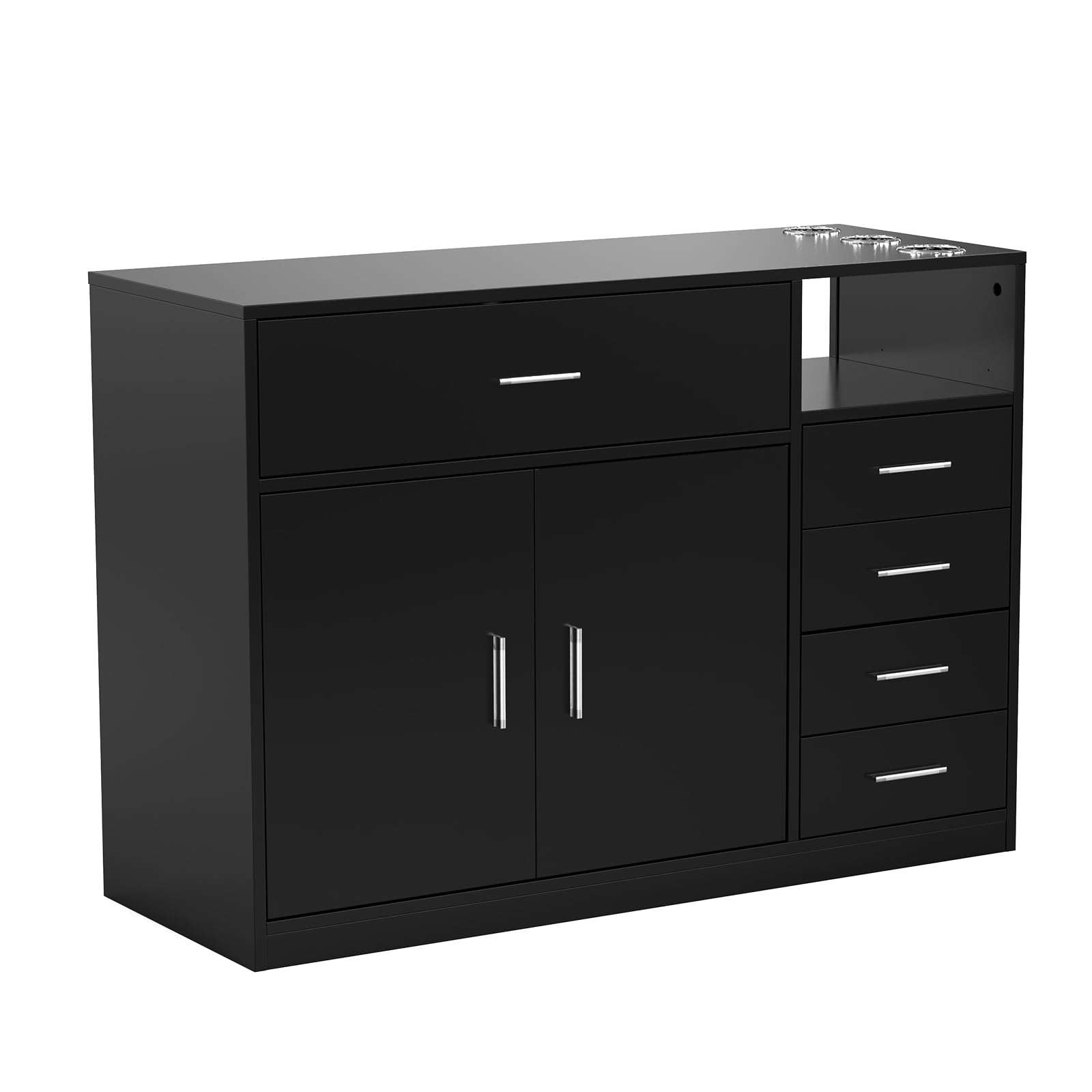 OmySalon Professional Salon Station - Free Standing Barber Hair Styling Cabinet with 5 Drawers, Storage & 3 Hair Dryer Holders | Beauty Dresser for Spa, Salon & Bathroom Organization | Black Salon Equipment for Stylists & Professionals