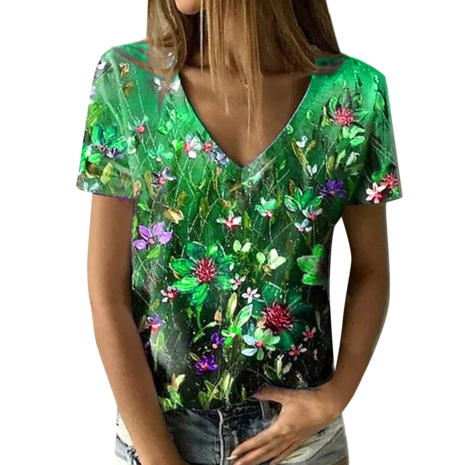 Women's Summer Floral V-Neck T-Shirts - Short Sleeve Cute Blouses for Casual Outfits & Beach Wear | Perfect for Daily Wear, Vacations, and Summer Outings