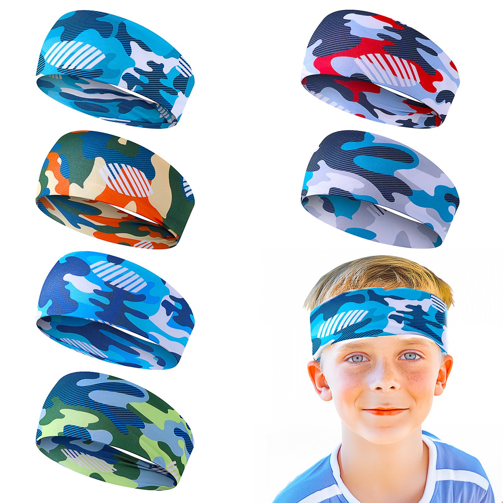 6Pcs Boys Sports Headbands - Breathable Non-Slip Elastic Sweatbands for Kids Soccer, Basketball & Baseball - Perfect for Outdoor Sports & Active Play