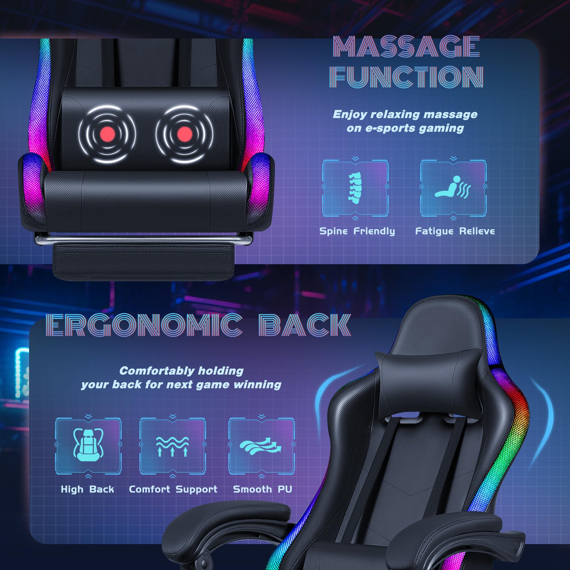Furmax RGB LED Gaming Chair with Footrest & Massage Lumbar Support - Ergonomic High Back Reclining Computer Chair with Headrest - Swivel Gamer Chair for PC, PS5, Xbox (LED Black) - Perfect for Esports, Streaming & Home Office Setup