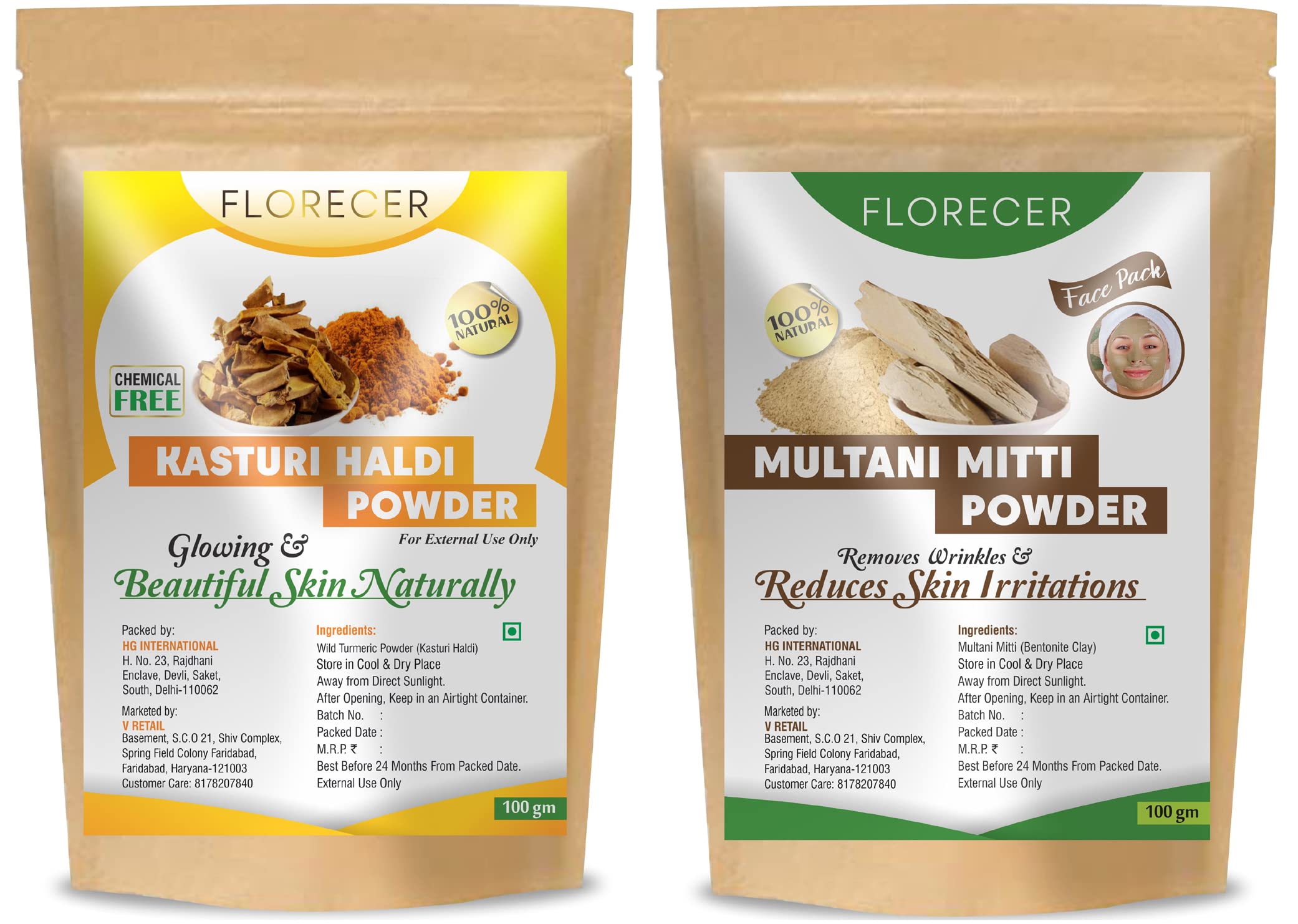 Florecer Kasturi Turmeric Powder & Multani Mitti Clay for Glowing Skin | 100% Natural Face Mask for Acne, Dark Spots & Brightening | 100g – Perfect for DIY Skincare & Spa Treatments