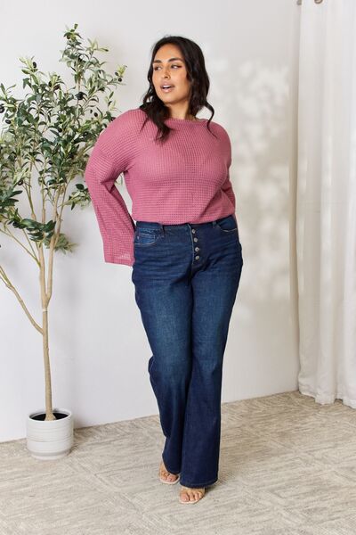 Culture Code Women's Full Size Waffle Knit Round Neck Long Sleeve Blouse - Soft Casual Shirt for Work, Date Night & Fall Layering