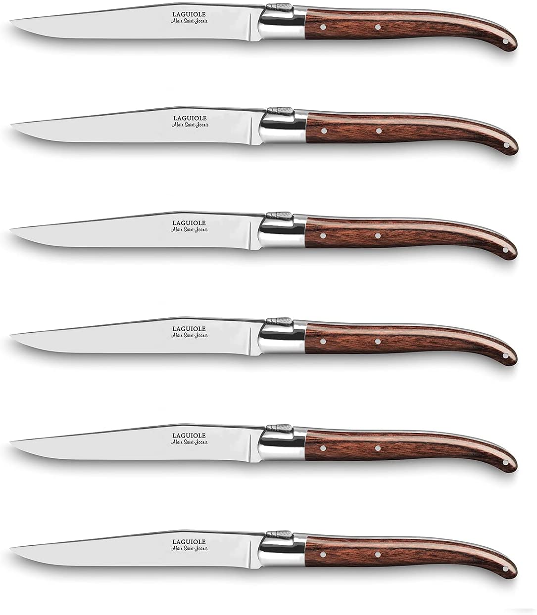 Premium ALAIN SAINT JOANIS Laguiole Steak Knives Set - 6-Piece Boxed Set with Exotic Rio Wood Handles - Perfect for Fine Dining, Steakhouse Experience & Gourmet Gifts