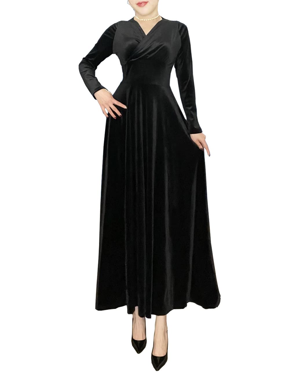 Elegant Women's V-Neck Velvet Long Dress for Evening Party, Prom, Wedding & Formal Events - Perfect for Dancing, Cocktail Parties & Special Occasions