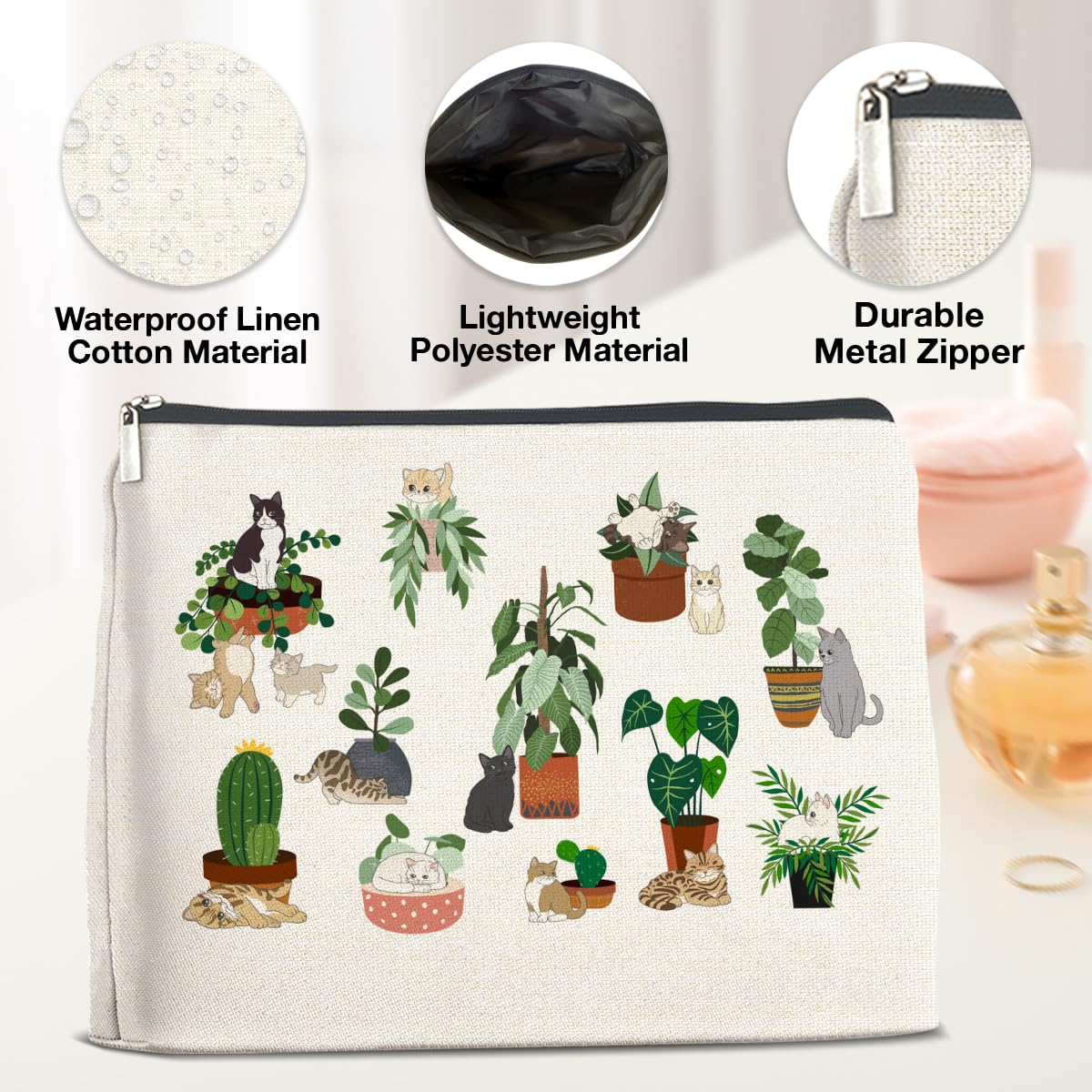 YeleY Black Cat Makeup Bag - Cute Cosmetic Pouch for Cat Lovers & Plant Enthusiasts - Perfect Gift for Women, Cat Moms - Waterproof Zippered Travel Organizer for Makeup, Toiletries & Essentials