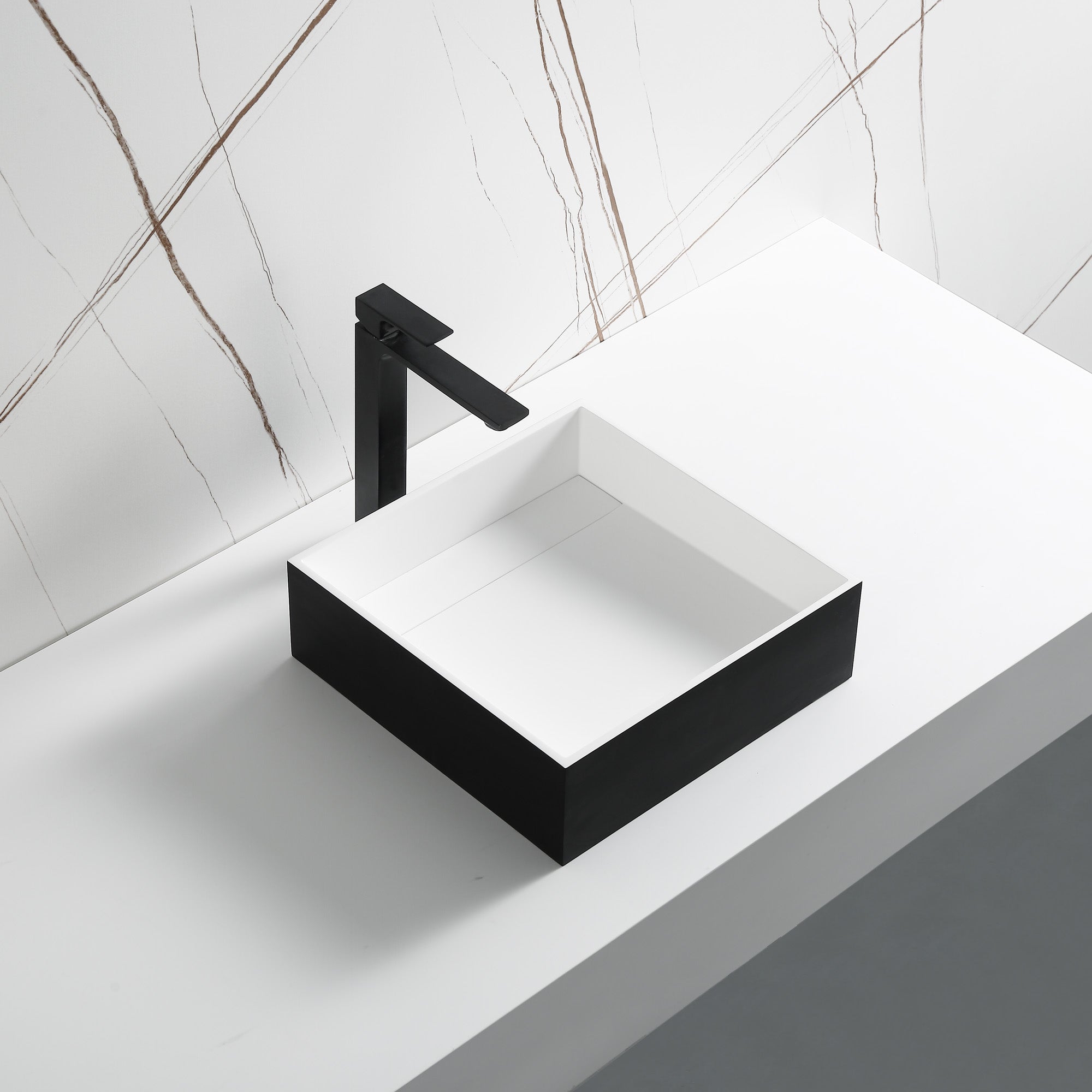 Ancona Square Pure Acrylic Stone Vessel Bathroom Sink - Matte White & Black Modern Countertop Basin - Perfect for Bathroom Vanity, Powder Room, and Luxury Home Decor