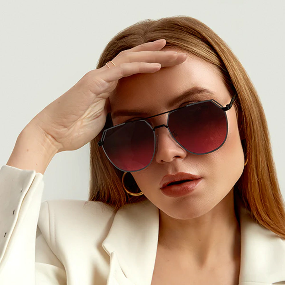 Farrah Black Frame Ruby Lens Square Aviator Sunglasses for Women - UV Protection, Retro Fashion Shades for Driving, Beach & Outdoor Activities