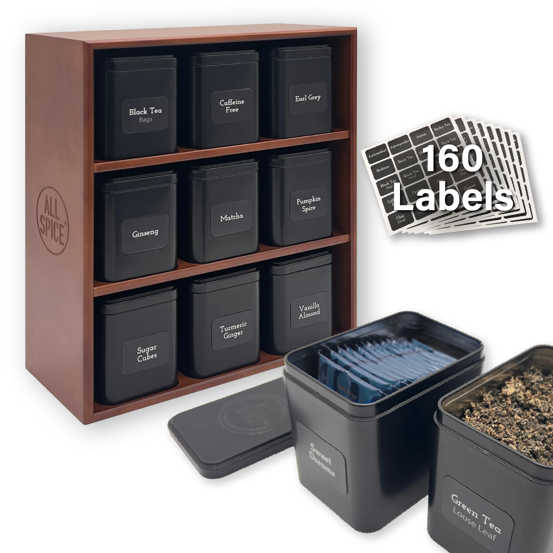 Premium 9-Tin AllSpice Tea Organizer Rack with 160 Magnetic Labels - Perfect for Bagged & Loose Leaf Tea Storage - Walnut Wood Spice & Tea Display for Kitchen Countertop & Pantry Organization