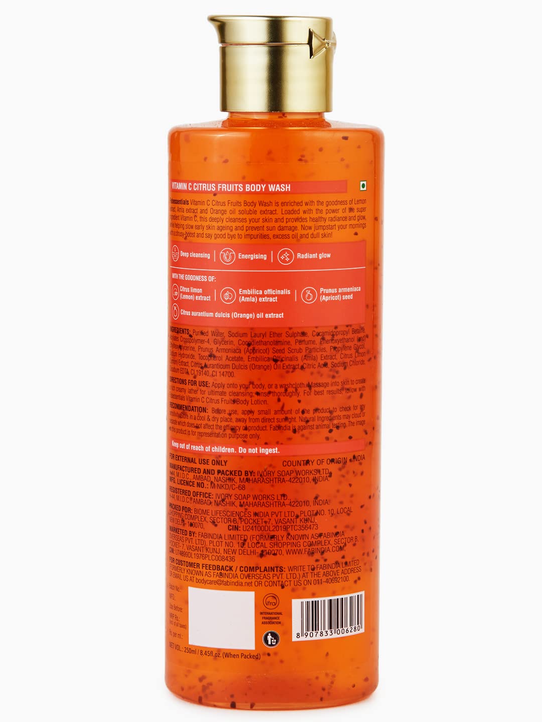 Fabessentials Vitamin C Citrus Fruits Body Wash - 250ml | Orange Oil, Lemon, Amla & Apricot Seed | Deep Cleansing, Energizing, Brightening & Radiant Glow | Moisturizing Body Lotion for Dry Skin | Perfect for Morning Shower & Post-Workout Refreshment