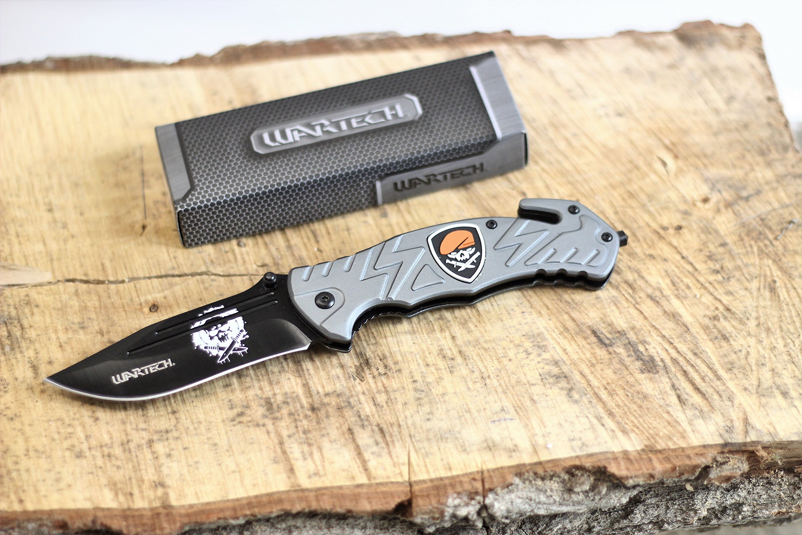 Wartech PWT282 Spring Assisted Tactical Pocket Knife with Thumb Open & Army Ranger Skull Emblem - Grey | EDC, Outdoor Survival, Camping, Hunting Gear