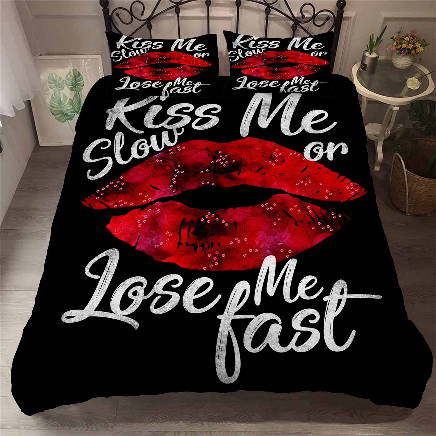 Romantic 3D Printed Kiss Imprint Duvet Cover Set - Twin/Full/Queen/King Size Bedding with Pillowcases - Adorable Red Love Theme for Couples Gift (4-Piece King Size) - Perfect for Valentine's Day, Anniversary & Romantic Bedroom Decor
