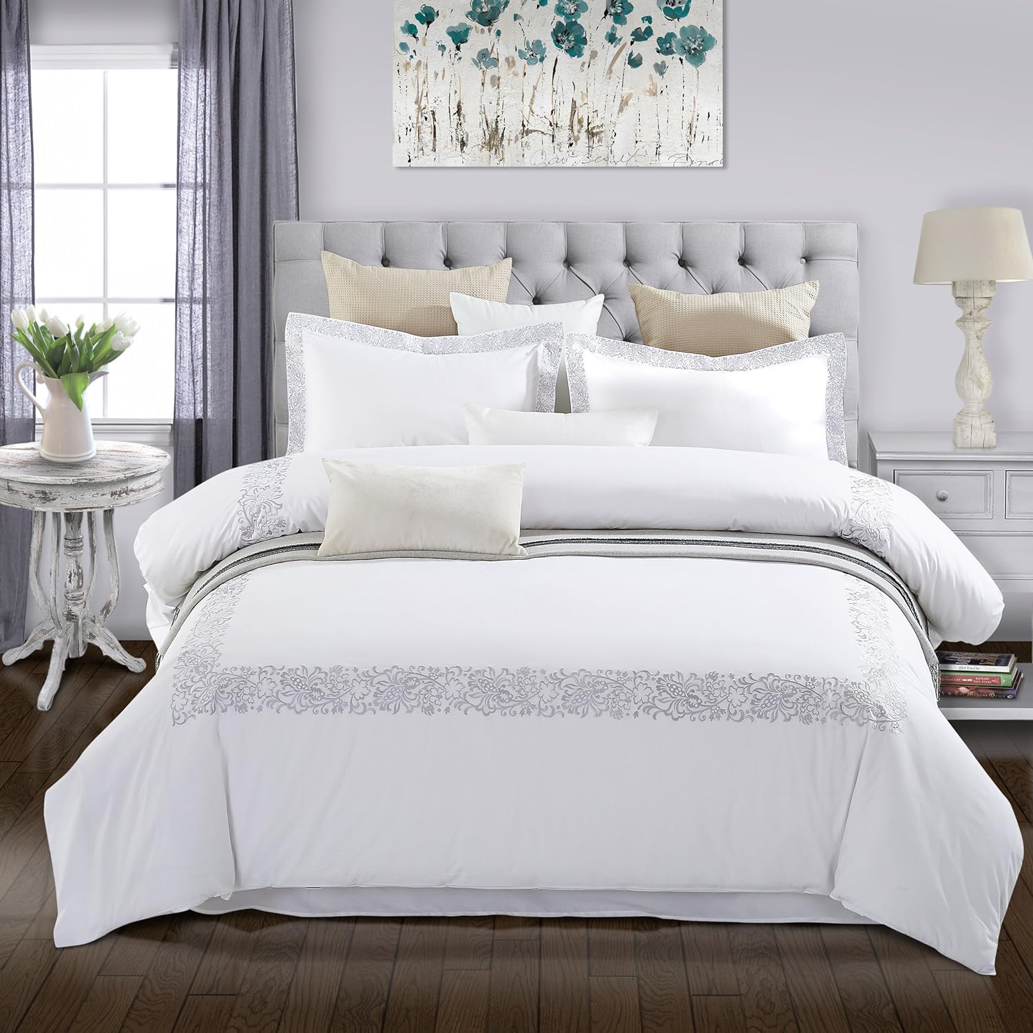 Premium Embroidered Cotton Duvet Cover Set - Soft Luxury Bedding with Button Closure - 1 Duvet Cover + 2 Pillow Shams - Moonlawn Collection - Elegant White Full/Queen Size - Perfect for Master Bedroom, Guest Room & Hotel Style Decor