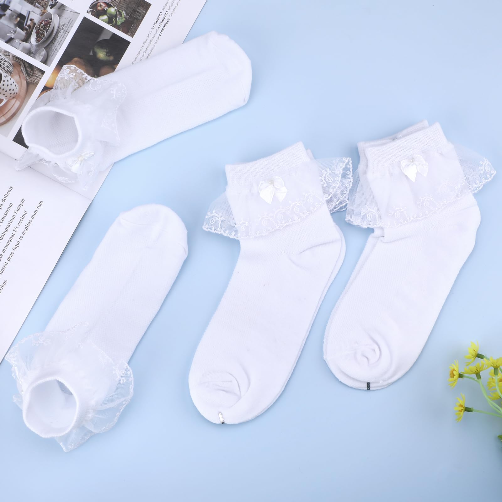 DIVINA VITAE 3 Pack Girls White Lace Frilly Ankle Socks with Bows - Thin Cotton Dress Socks for School, Party & Everyday Wear - Cute Fashion Socks for Toddler and Teen Girls