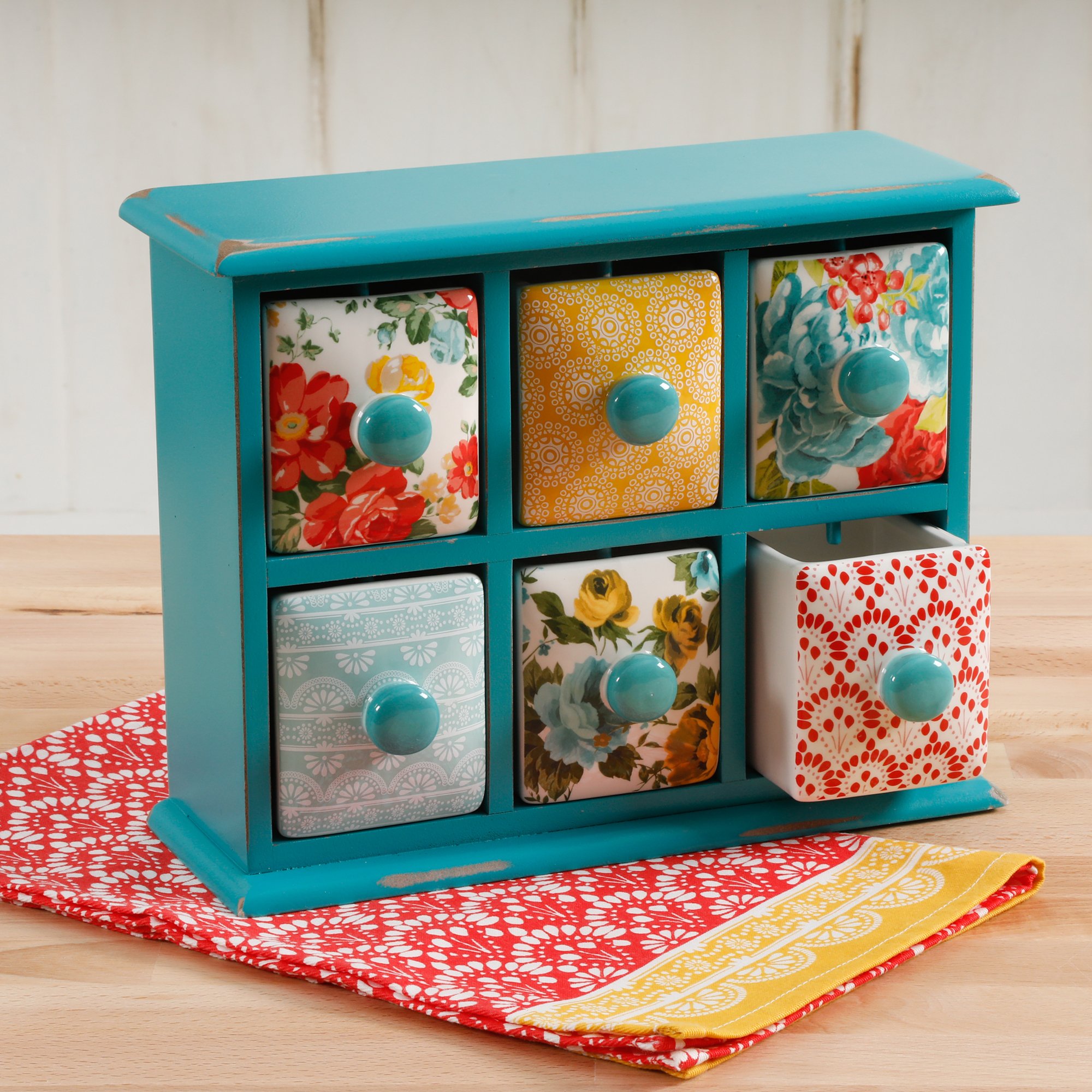 The Pioneer Woman Vintage Floral 6-Ceramic Drawers Spice & Tea Organizer Box - Removable Dishwasher-Safe Drawers with Unique Patterns - Perfect for Kitchen Countertop, Pantry & Tea Station Organization