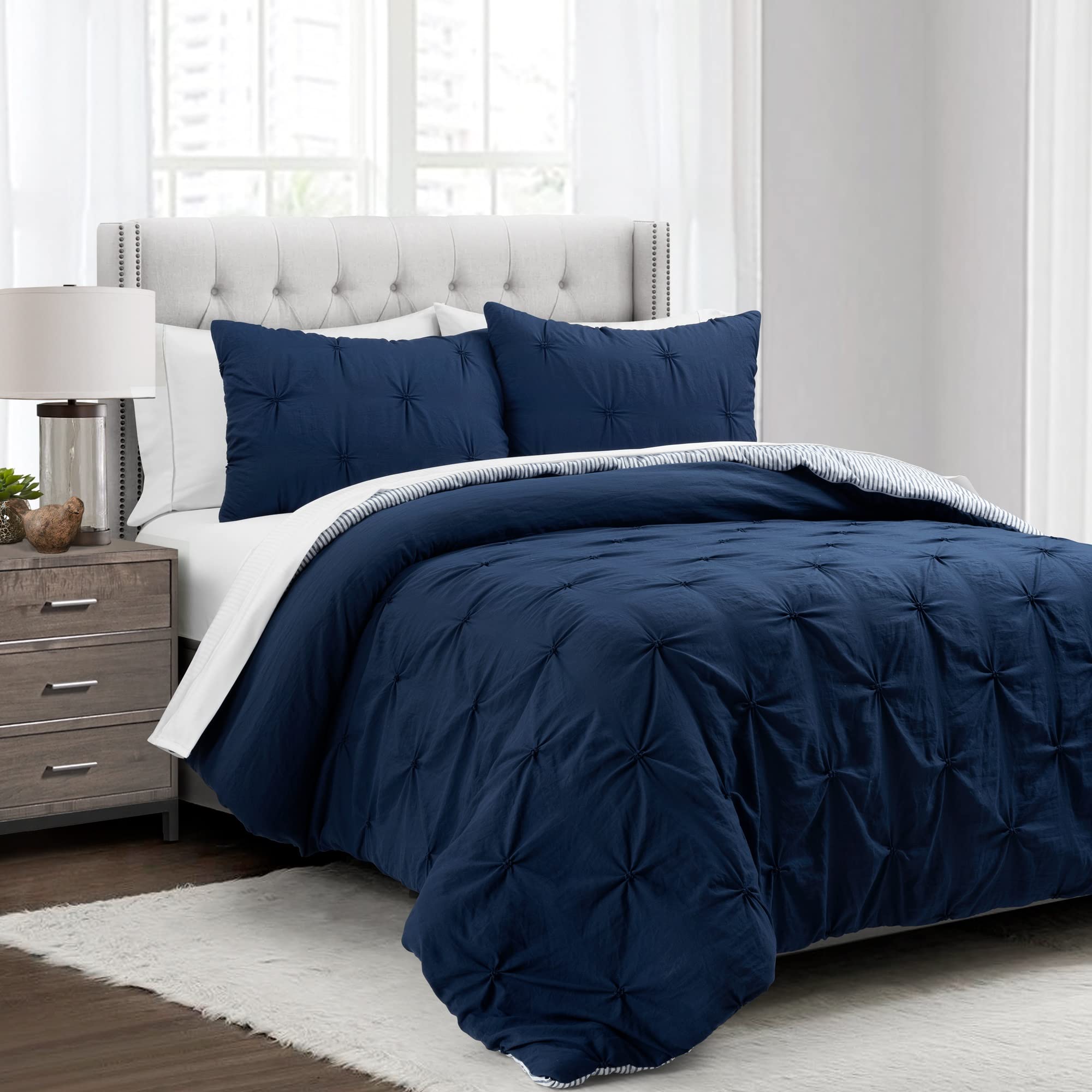 Lush Decor Ravello Pintuck 7-Piece Reversible Comforter Set with Shams & Sheets - Textured Bedding for Teens, Dorm Rooms - Traditional Farmhouse Style Queen Size Navy Blue - Perfect for Cozy Bedrooms & Guest Rooms