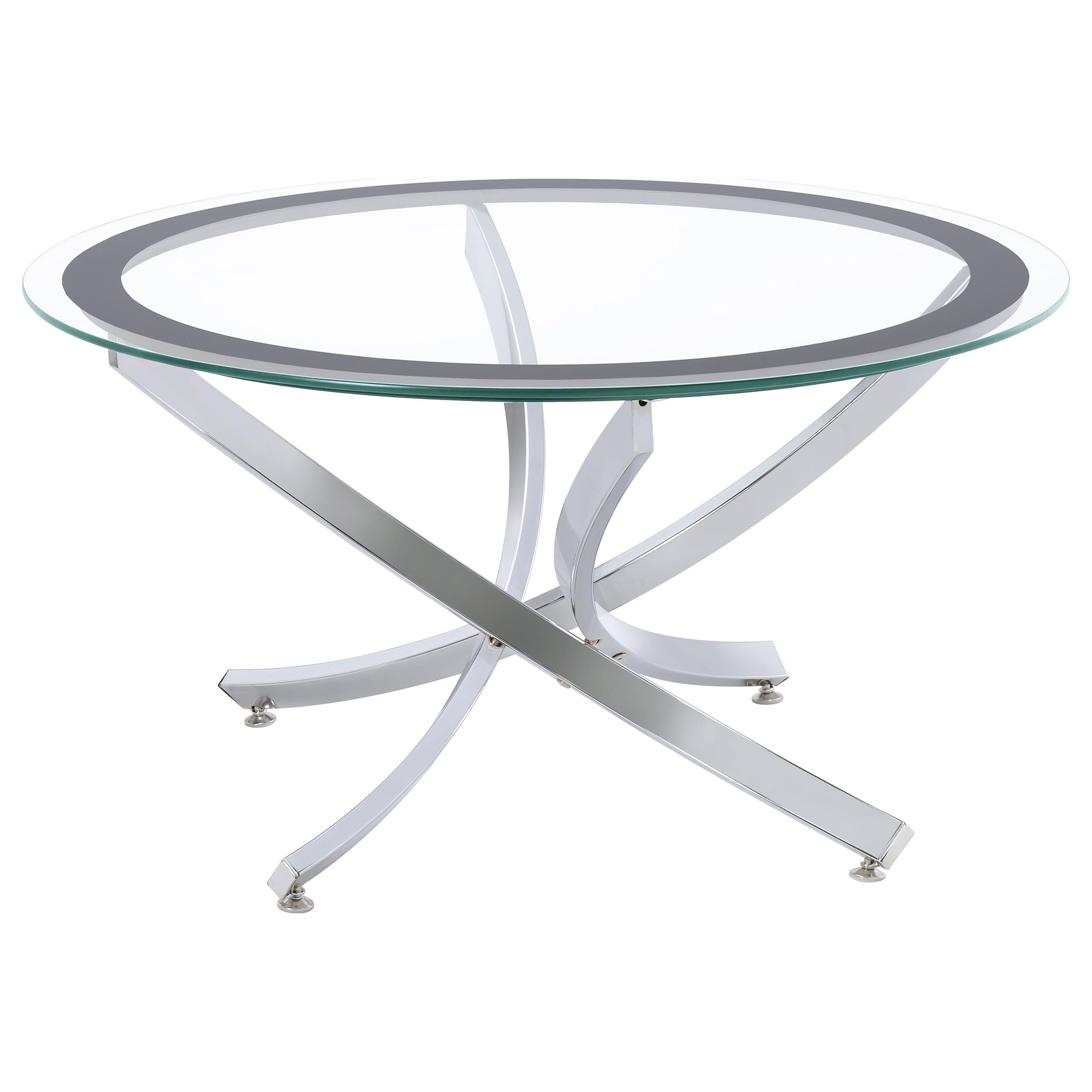 Modern Round Glass Coffee Table with Curved Chrome Metal Base - Coaster Home Furnishings Brooke Collection - Perfect for Living Rooms, Lounges & Contemporary Home Decor