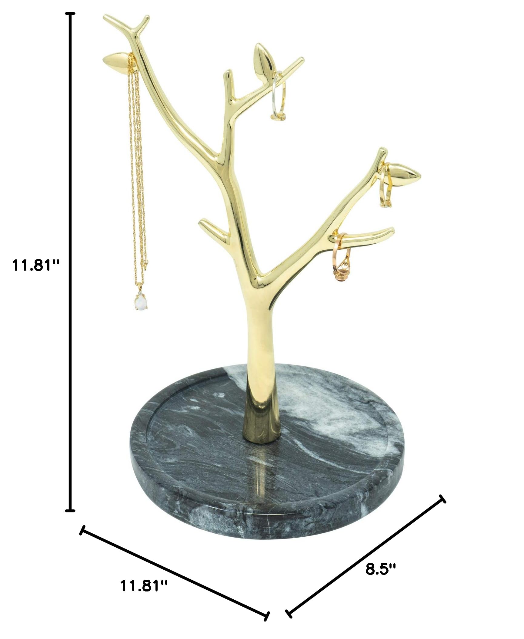 Marble Jewelry Tree - Stylish Gold Necklace Holder & Jewelry Organizer for Necklaces & Rings - Grey Jewelry Stand for Bedroom Vanity or Gift