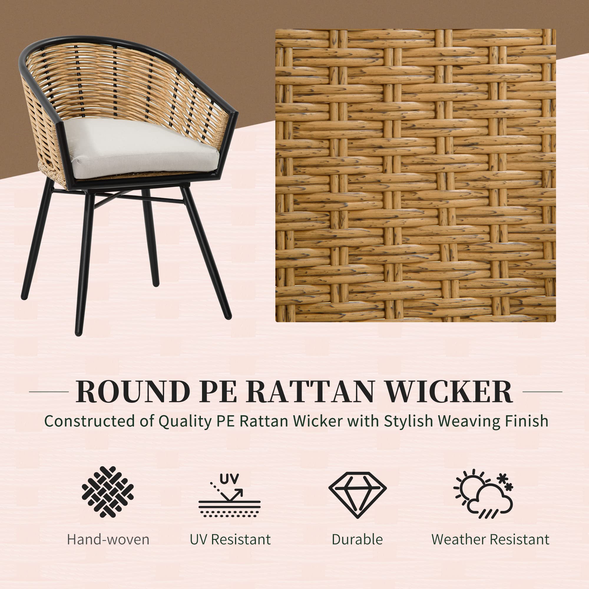 Outsunny 3-Piece Patio Set - PE Rattan Wicker Outdoor Bistro Table and Chairs with Cushions & Tempered Glass Top | Hand-Woven Barrel-Style Garden Furniture for Backyard, Porch, Poolside (Cream White) | Perfect for Outdoor Dining, Relaxing & Entertaining