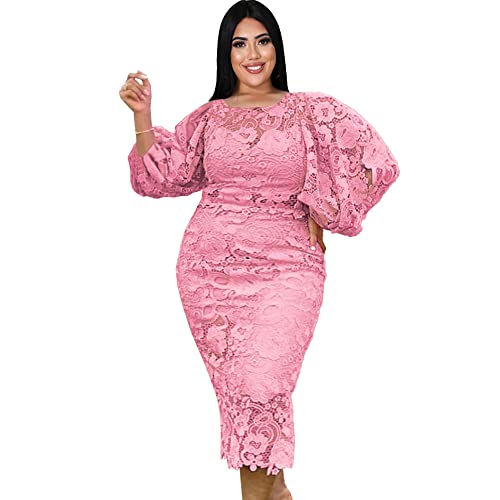 ONTINVA Women's Plus Size Crewneck Long Lantern Sleeve Bodycon Lace Midi Dress - Flattering Pink Formal Dress for Wedding Guest, Cocktail Party & Evening Occasions (Size M/Medium)
