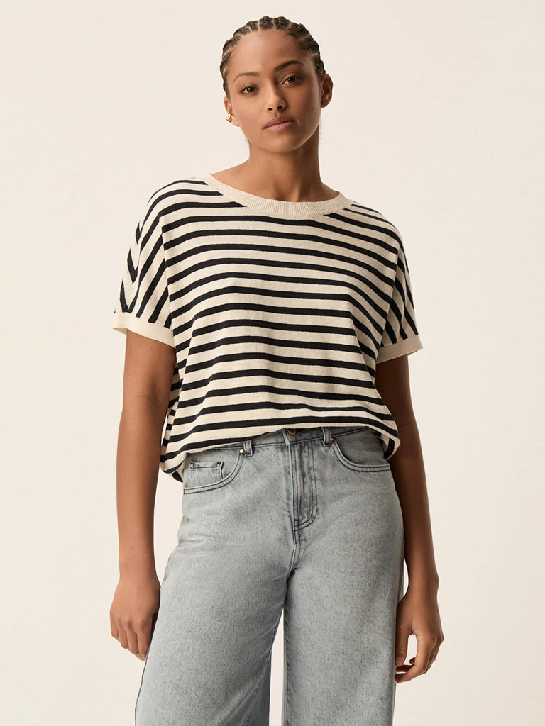 Des Petits Hauts Alexi Striped Cream & Navy Top - Women's Casual Breton Shirt for Everyday Wear & Weekend Outings