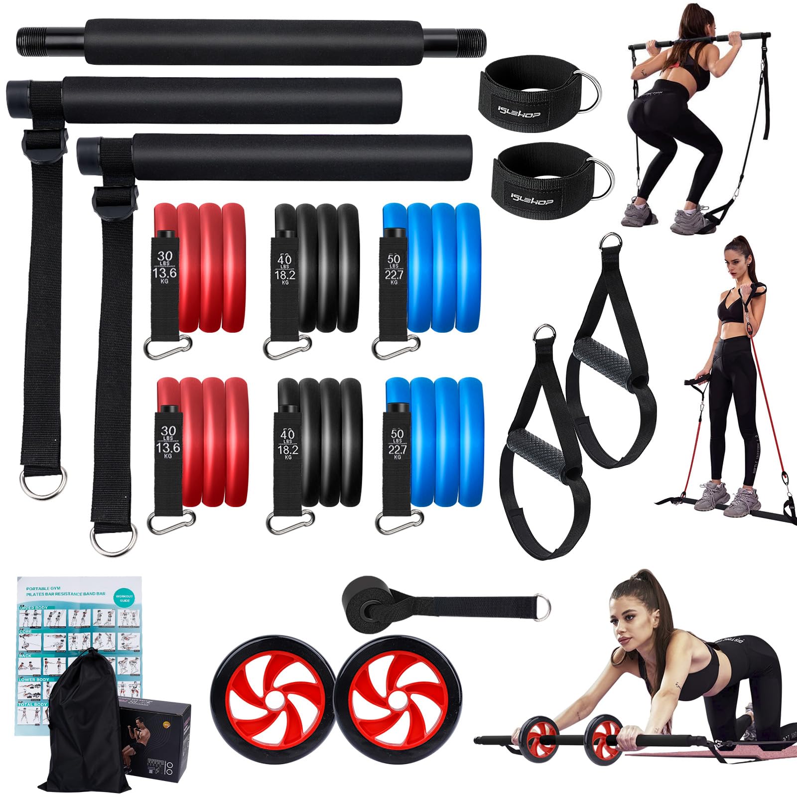 Pilates Bar Kit with 6 Resistance Bands - Yoga Exercise Bar & Ab Roller - Portable Home Gym Equipment for Women & Men - Leg, Hip, Waist & Arm Workout - Perfect for Home Fitness, Yoga & Pilates Training