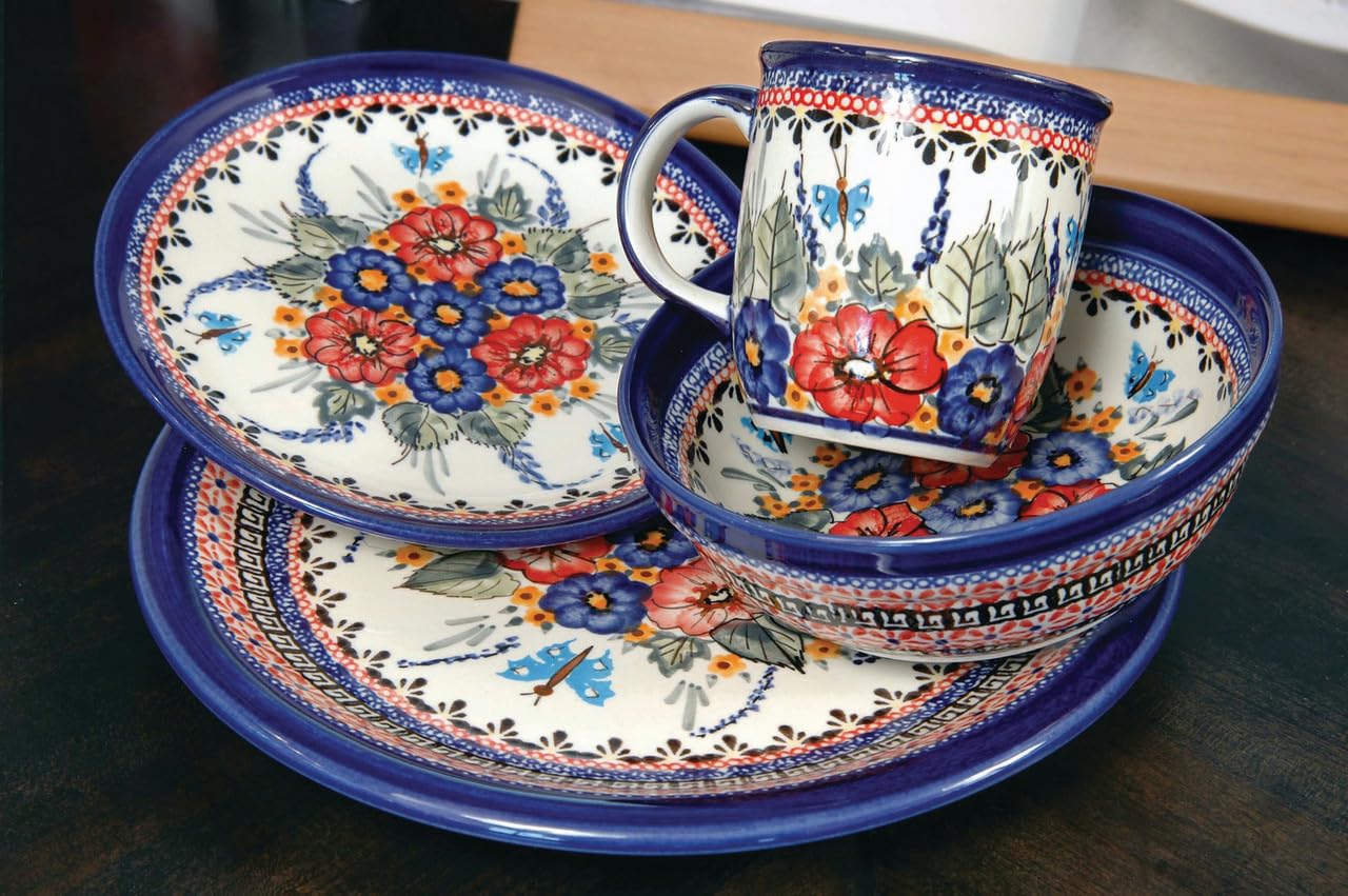 Handmade Blue Rose Polish Pottery Bowl - Floral Butterfly Design Ceramic Soup & Cereal Bowl - Perfect for Breakfast, Soup, Salad & Home Decor