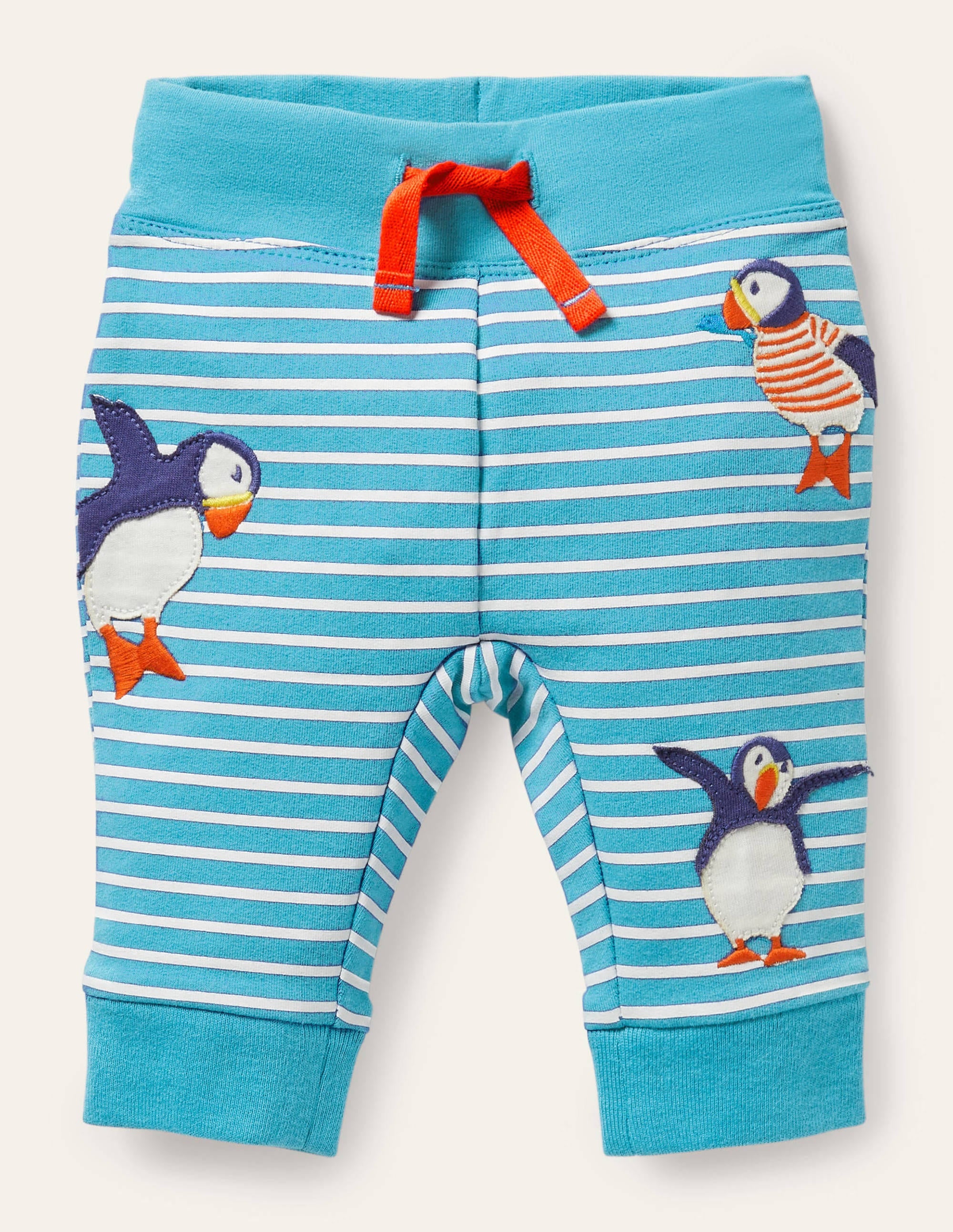 Appliqué Jersey Pants for Women - Ivory/Aqua Puffins Design - Comfortable Casual Bottoms for Everyday Wear | Perfect for Beach Outings, Summer Vacations, and Relaxing Weekends