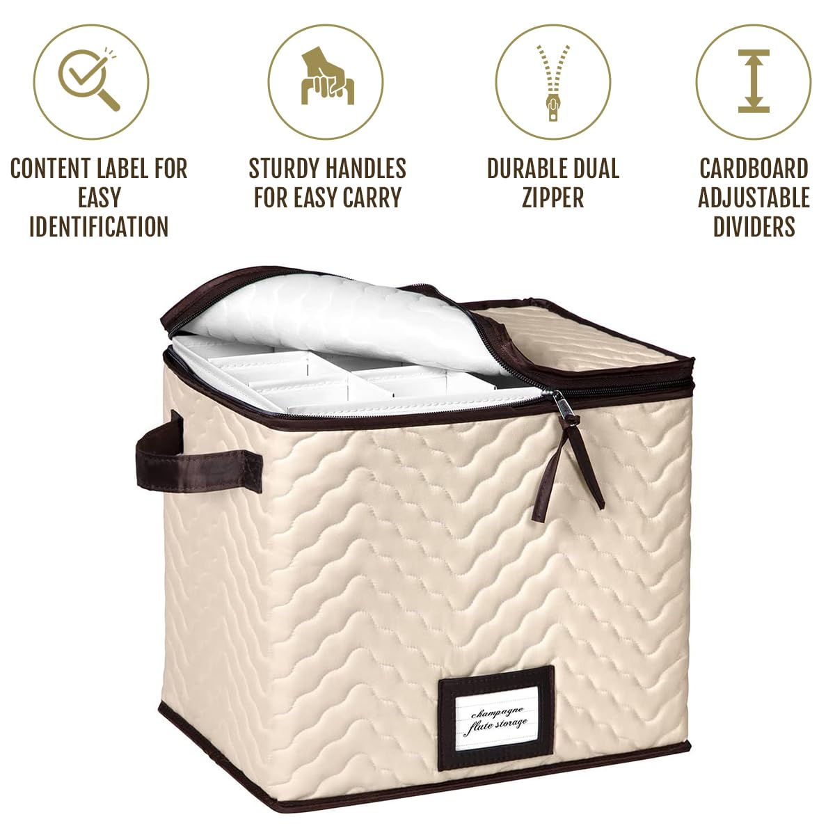 HOLDN’ STORAGE Wine Glass Organizer with Dividers - Set of 2 Durable Quilted Stemware Storage Cases, Holds 12 Champagne Flute Glasses Up To 11