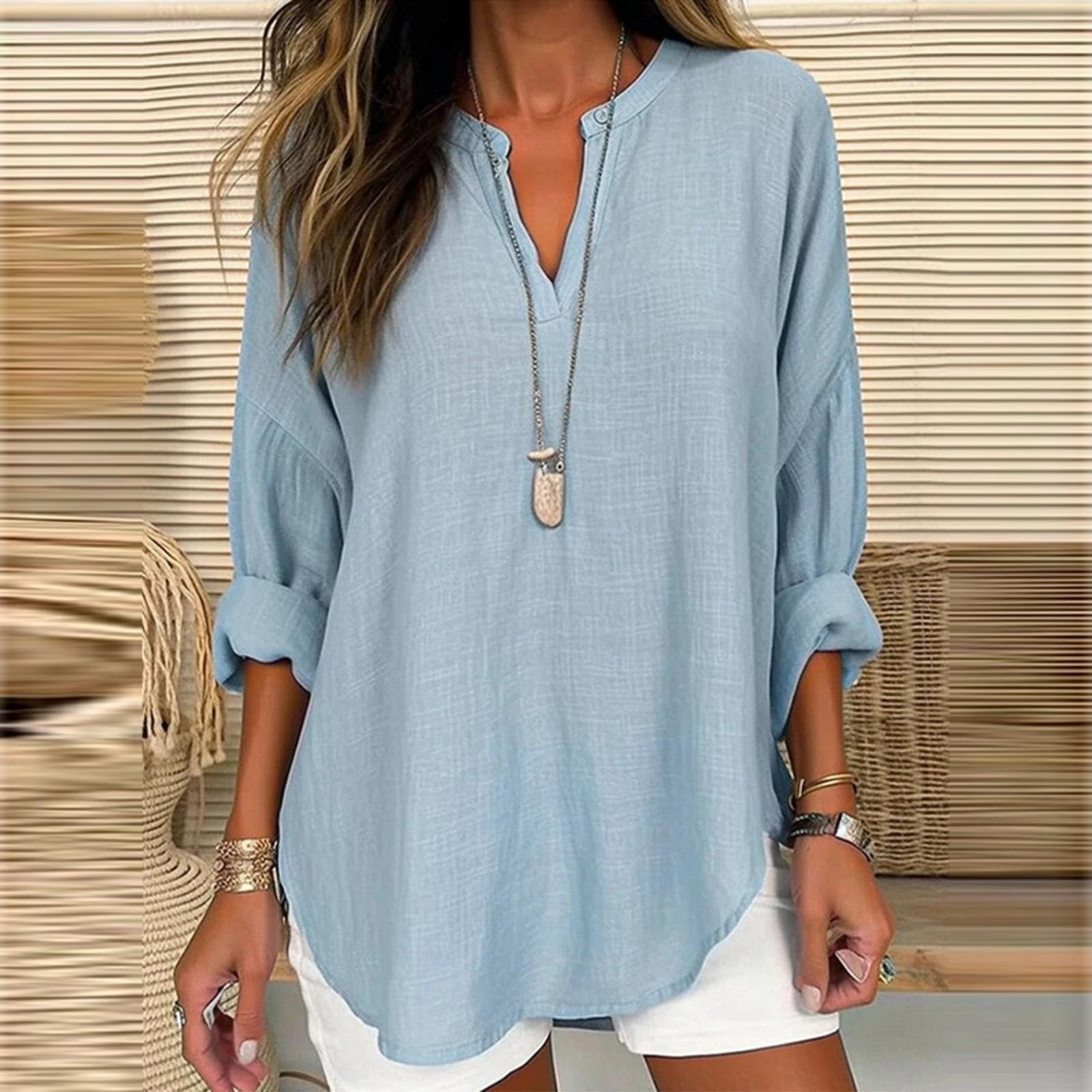 GIERIDUC Women's Long Sleeve Oversized T-Shirt - Side Slit Loose Casual V-Neck Tunic Top with Roll-Up Sleeves | Soft & Comfortable Blouse for Work, Travel & Everyday Wear