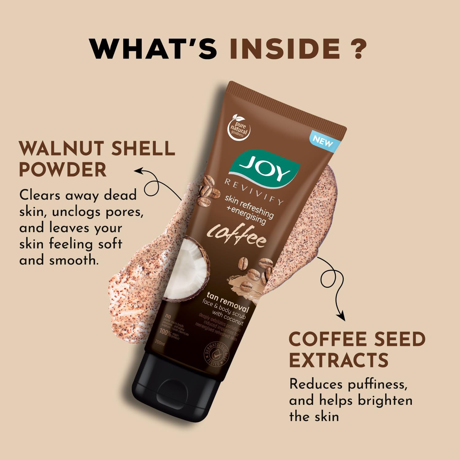 Joy Exfoliating Coffee Face & Body Scrub for Men & Women (200g) | Natural Coconut & Coffee Anti-Pollution Scrub | Deep Exfoliation & Dirt Removal | 100% Vegan, Gentle Skincare | Perfect for Daily Use & Post-Workout Cleansing