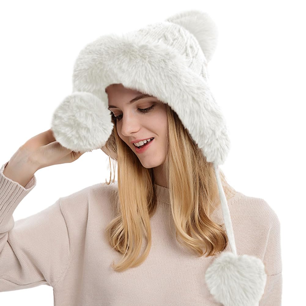 Rayson Women's Knitted Beanie with Ear Flaps & Faux Fur Pompom - Winter Warm Skull Cap with Fleece Lining for Skiing, Snowboarding & Outdoor Activities