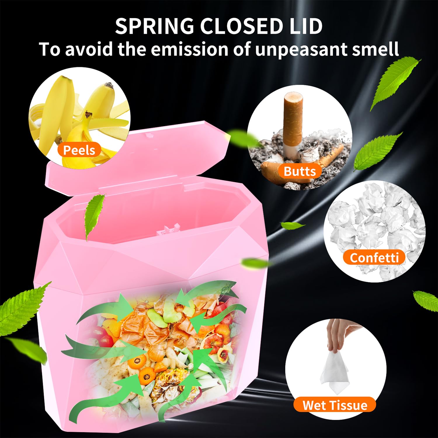 LSYOMNE 13 Gallon Trash Can with Lid - Pink, Includes 60pcs Leakproof Trash Bags & Organizer | Odor Control Kitchen Garbage Bin for Home, Office, Bathroom & Car | Space Saving Design with Secure Lid