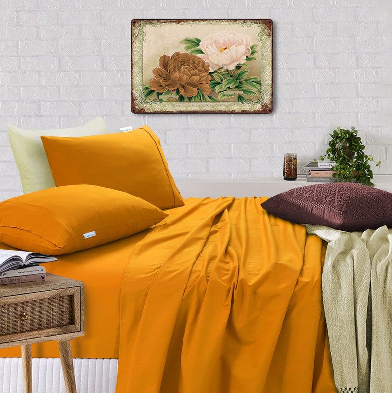 Premium 100% Egyptian Cotton Vintage Washed 500TC King Size Bed Sheet Set - Soft Linen Mustard Yellow Luxury Bedding for Master Bedroom & Guest Room