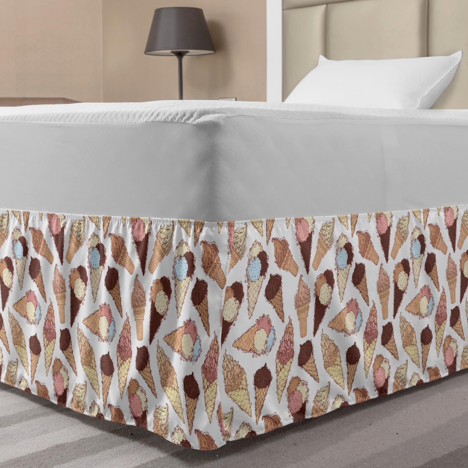 Ambesonne Ice Cream Elastic Bed Skirt - Colorful Wrapped Around Bedskirt with Repetitive Cone Pattern, Full Size Dust Ruffle for Bedroom Decor | Perfect for Summer Themed Rooms, Kids' Bedrooms & Dessert Lovers' Home Decor